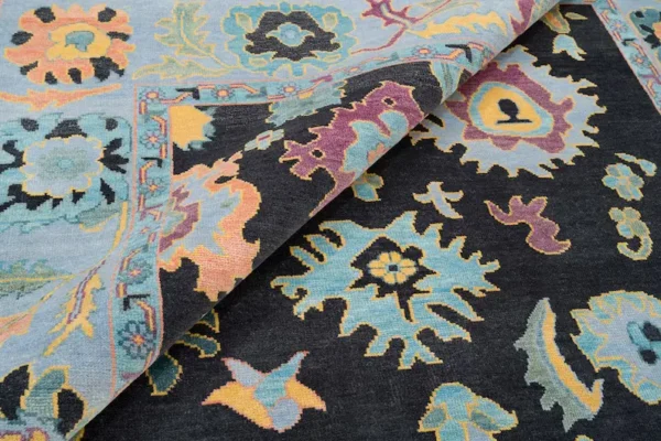 Sky Blue Oushak Rug With Orange, Purple, Green Accents|
