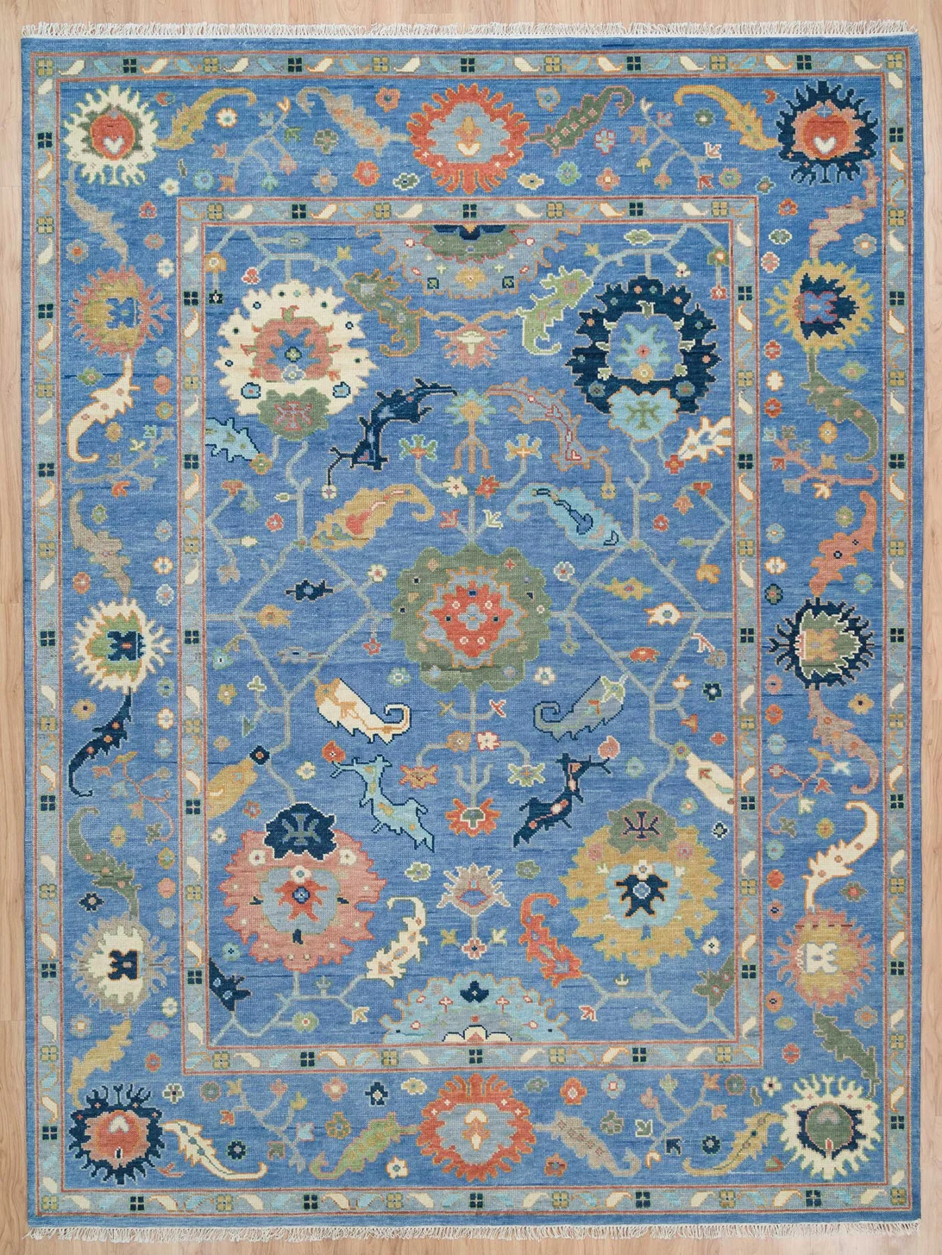 Blue & Gold Hand-Knotted Oushak Rug – Rosette & Palmette
