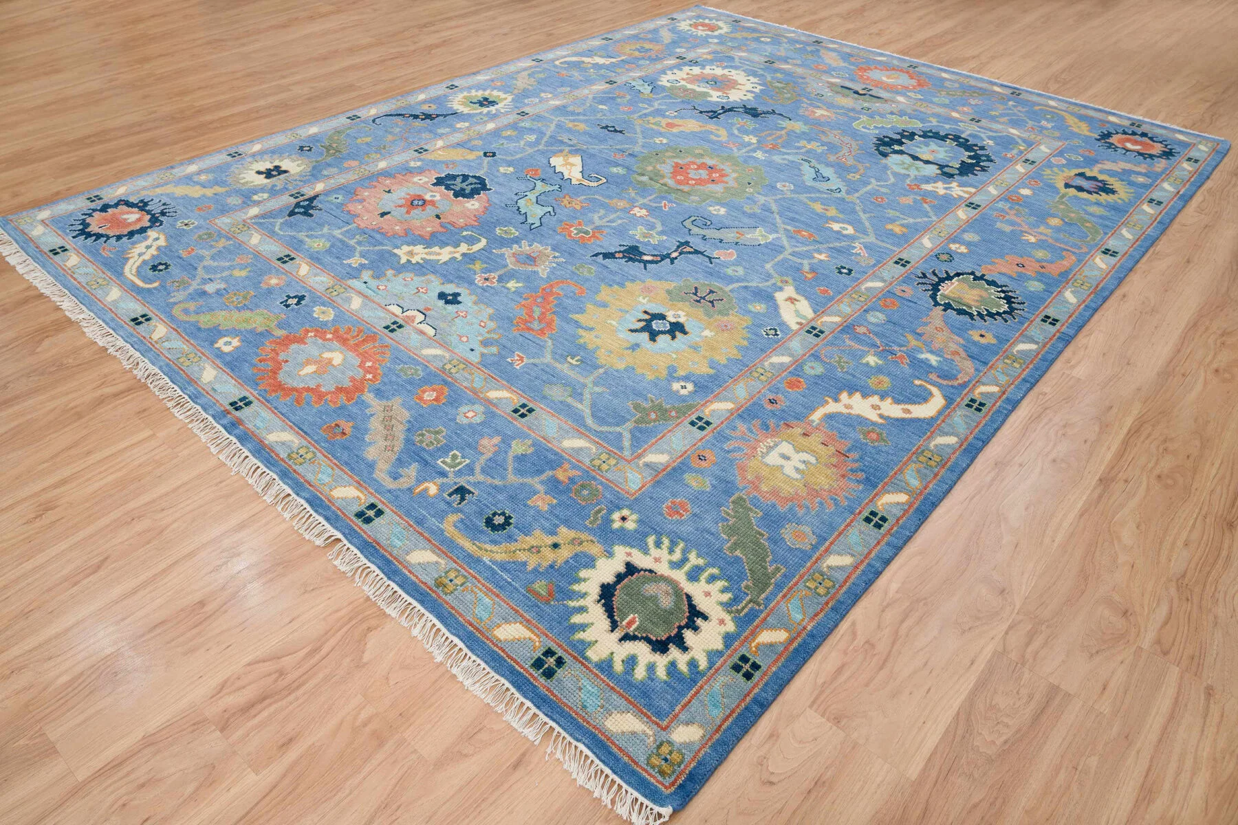 Blue & Gold Hand-Knotted Oushak Rug – Rosette & Palmette