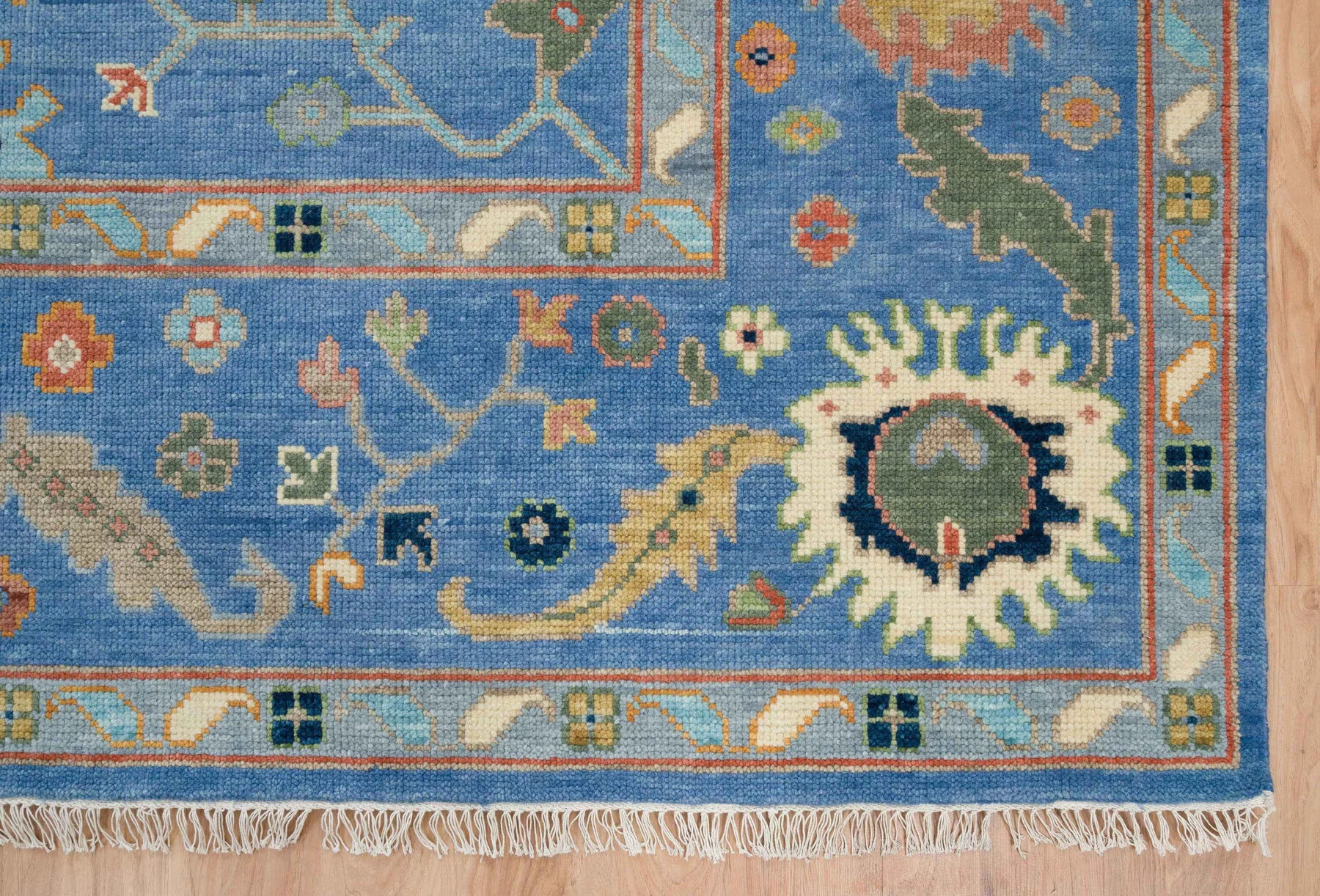 Blue & Gold Hand-Knotted Oushak Rug – Rosette & Palmette