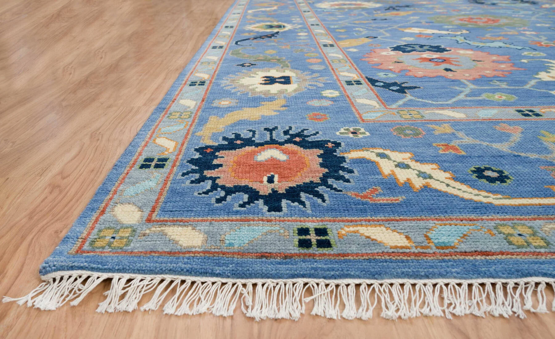 Blue & Gold Hand-Knotted Oushak Rug – Rosette & Palmette