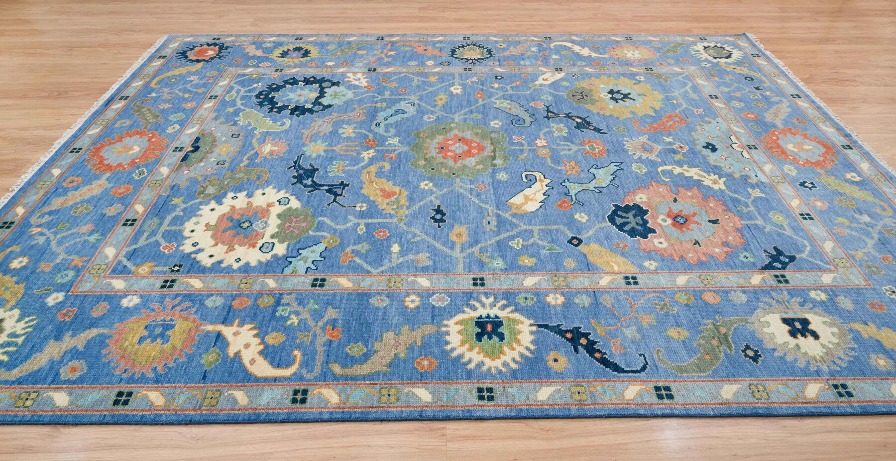 Blue & Gold Hand-Knotted Oushak Rug – Rosette & Palmette