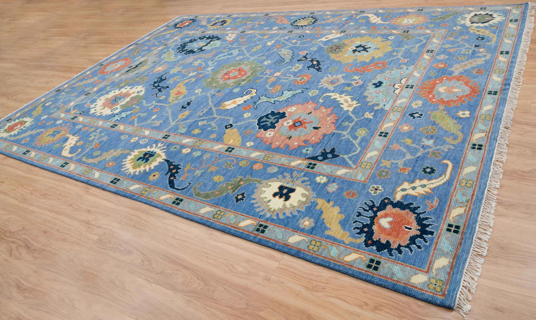 Blue & Gold Hand-Knotted Oushak Rug – Rosette & Palmette