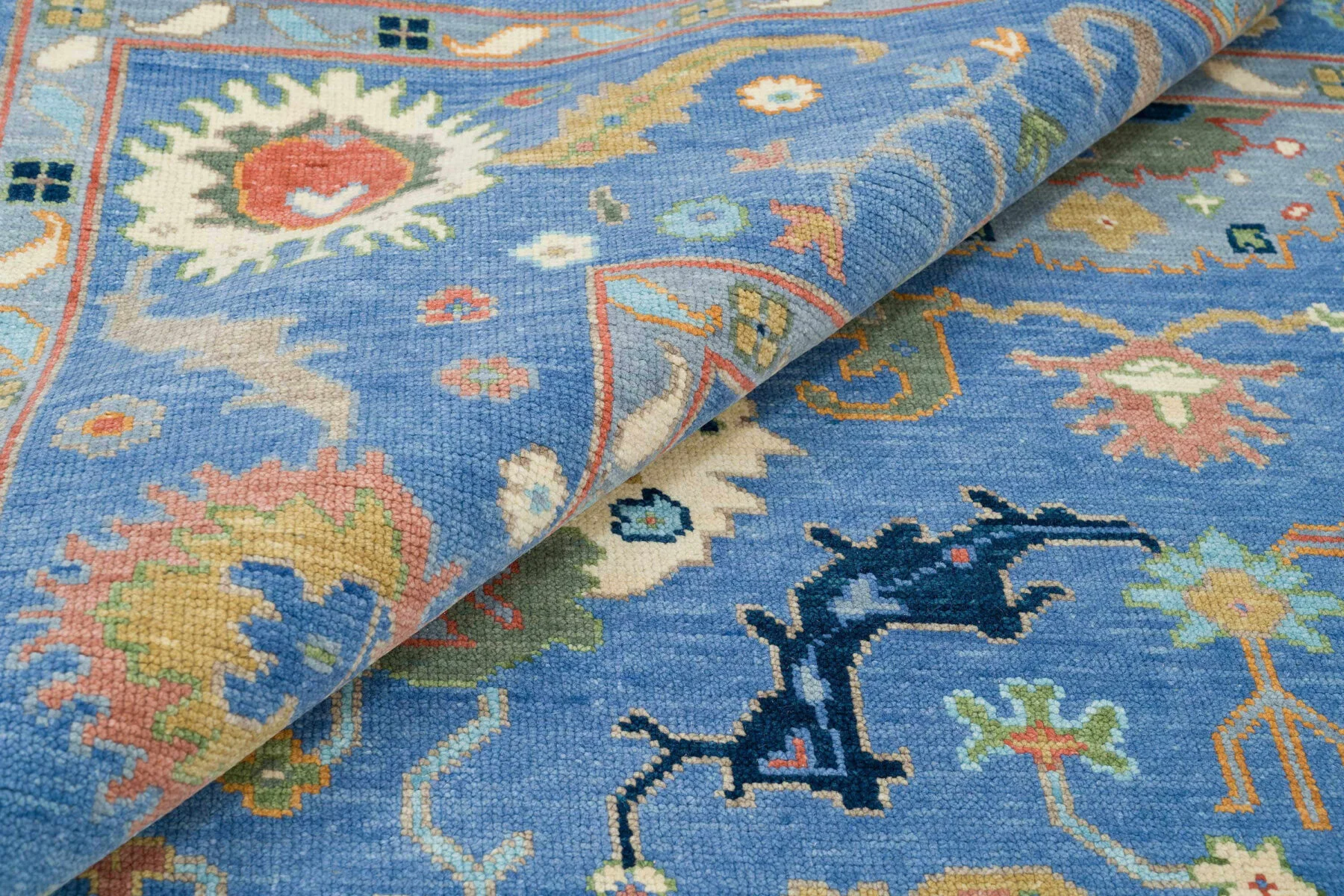 Blue & Gold Hand-Knotted Oushak Rug – Rosette & Palmette