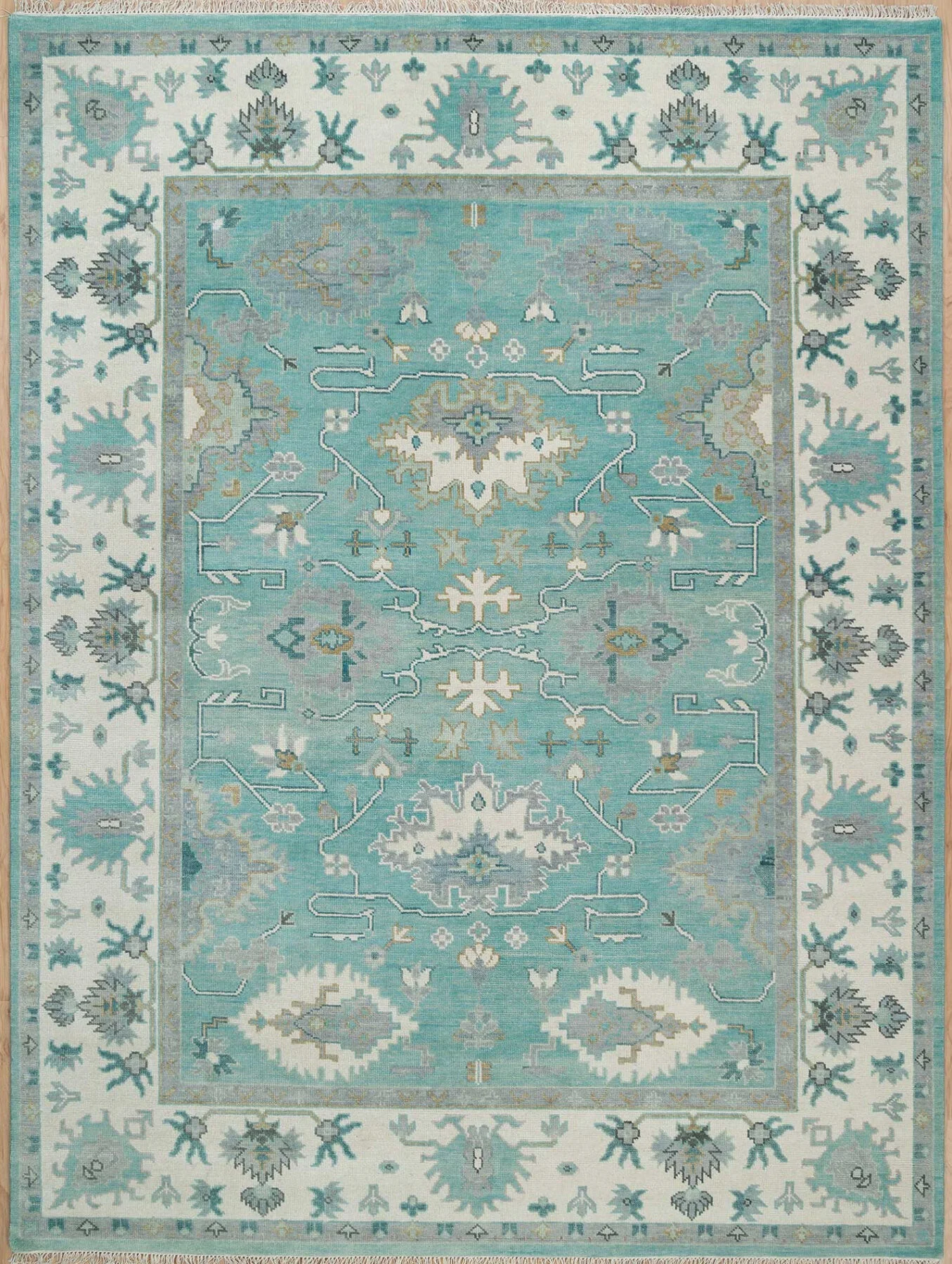 Aqua & Ivory Hand-Knotted Oushak Rug – Palmette & Vine