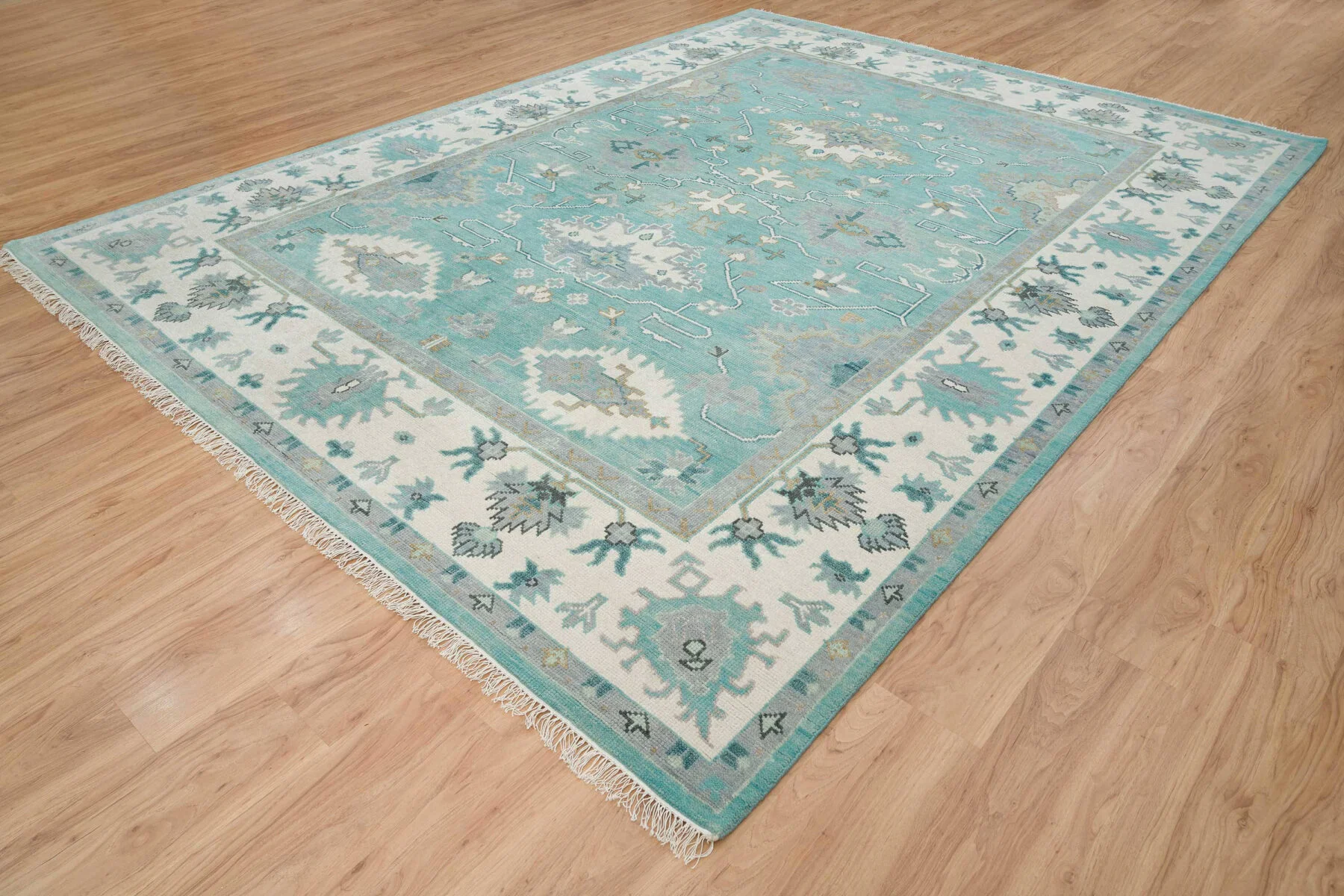 Aqua & Ivory Hand-Knotted Oushak Rug – Palmette & Vine