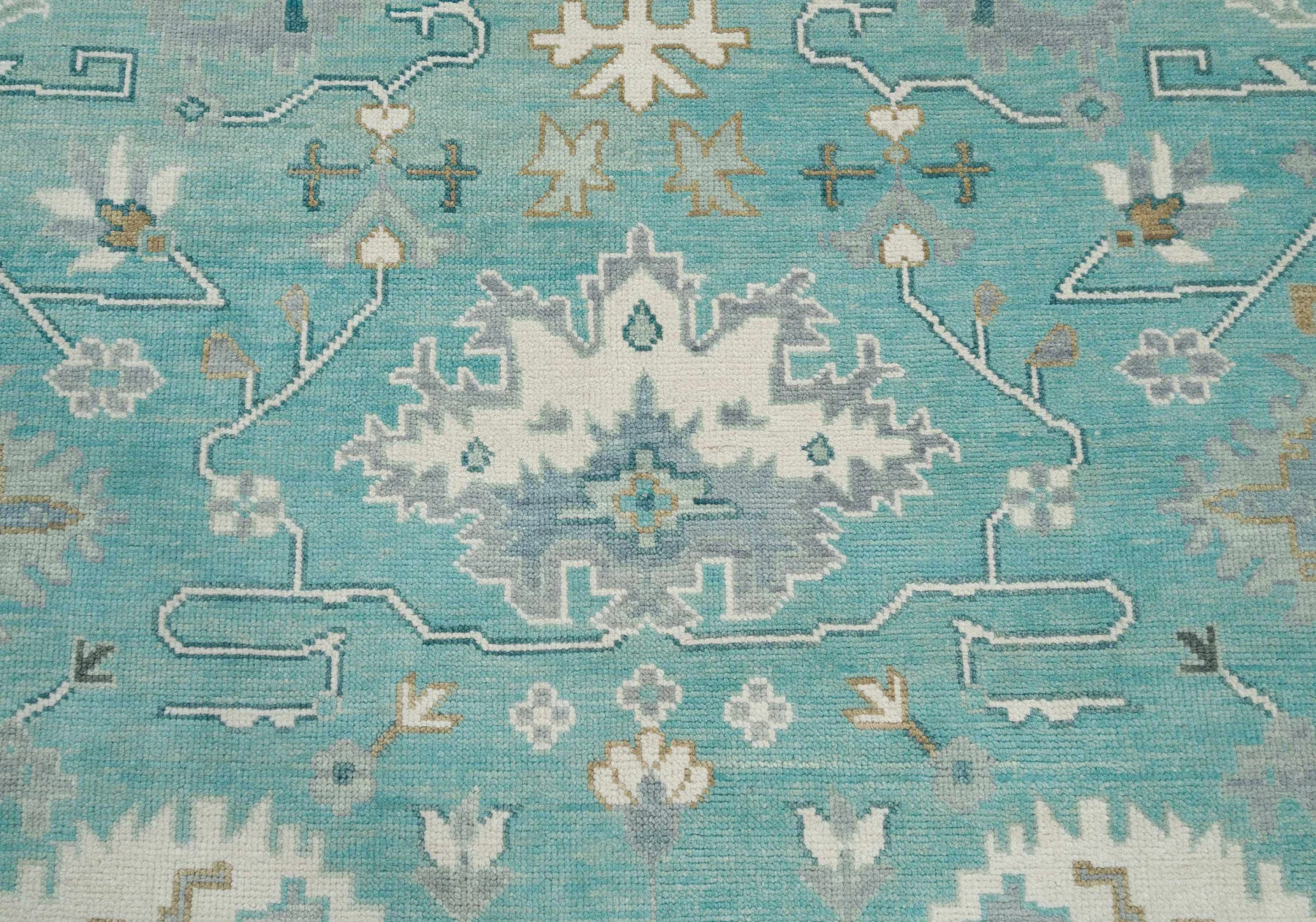 Aqua & Ivory Hand-Knotted Oushak Rug – Palmette & Vine