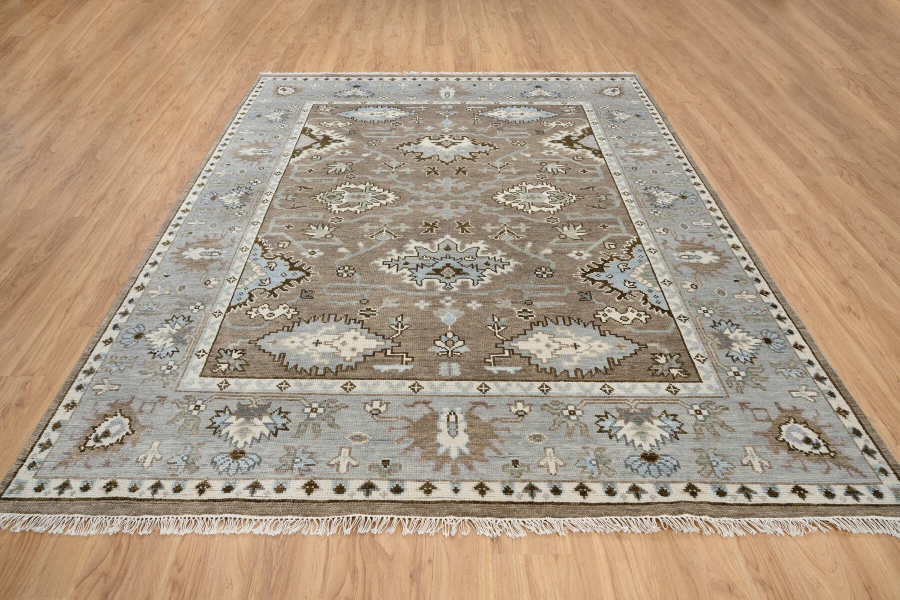 Taupe Hand-Knotted Oushak Rug – Palmette & Vine