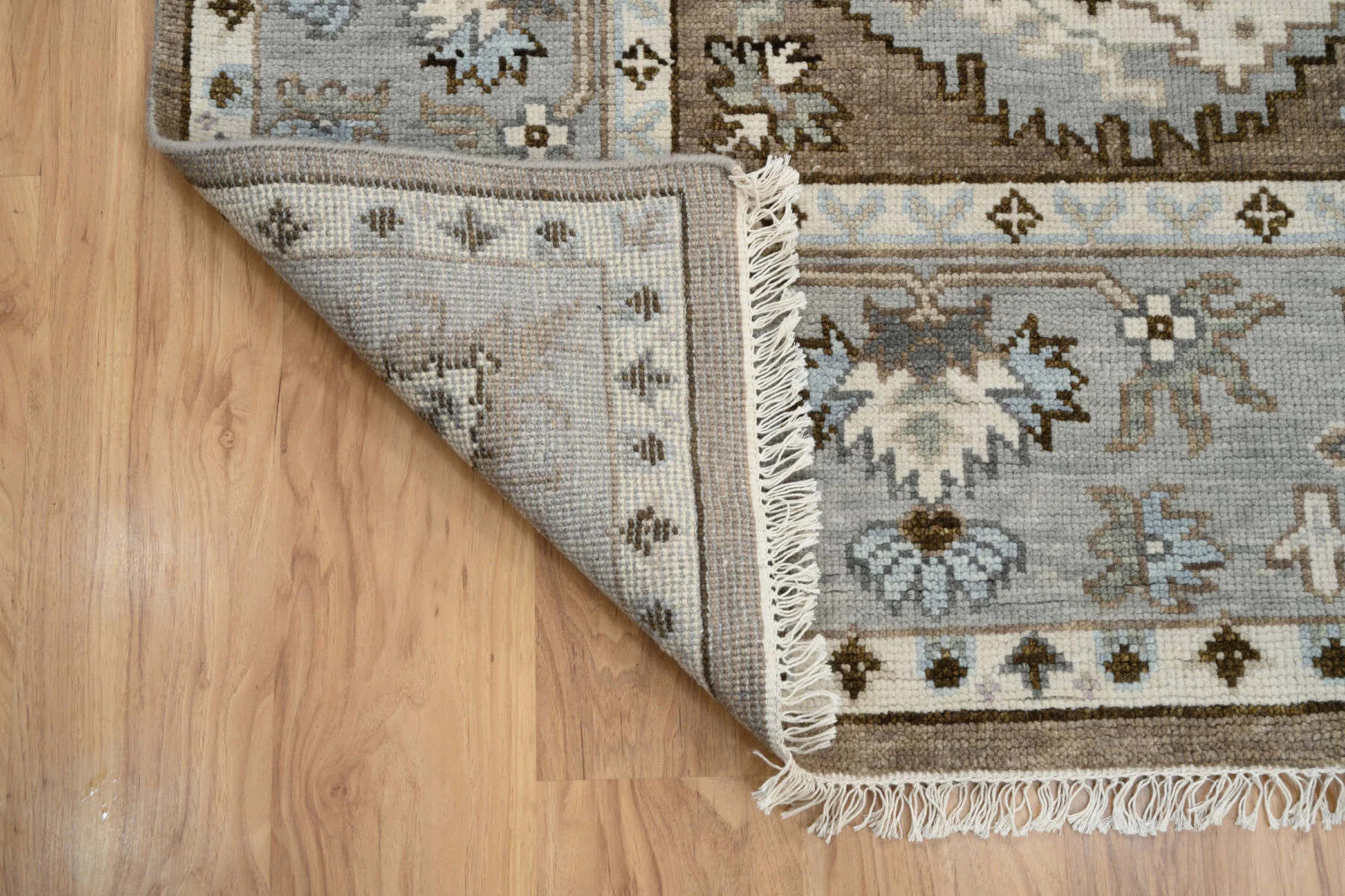 Taupe Hand-Knotted Oushak Rug – Palmette & Vine