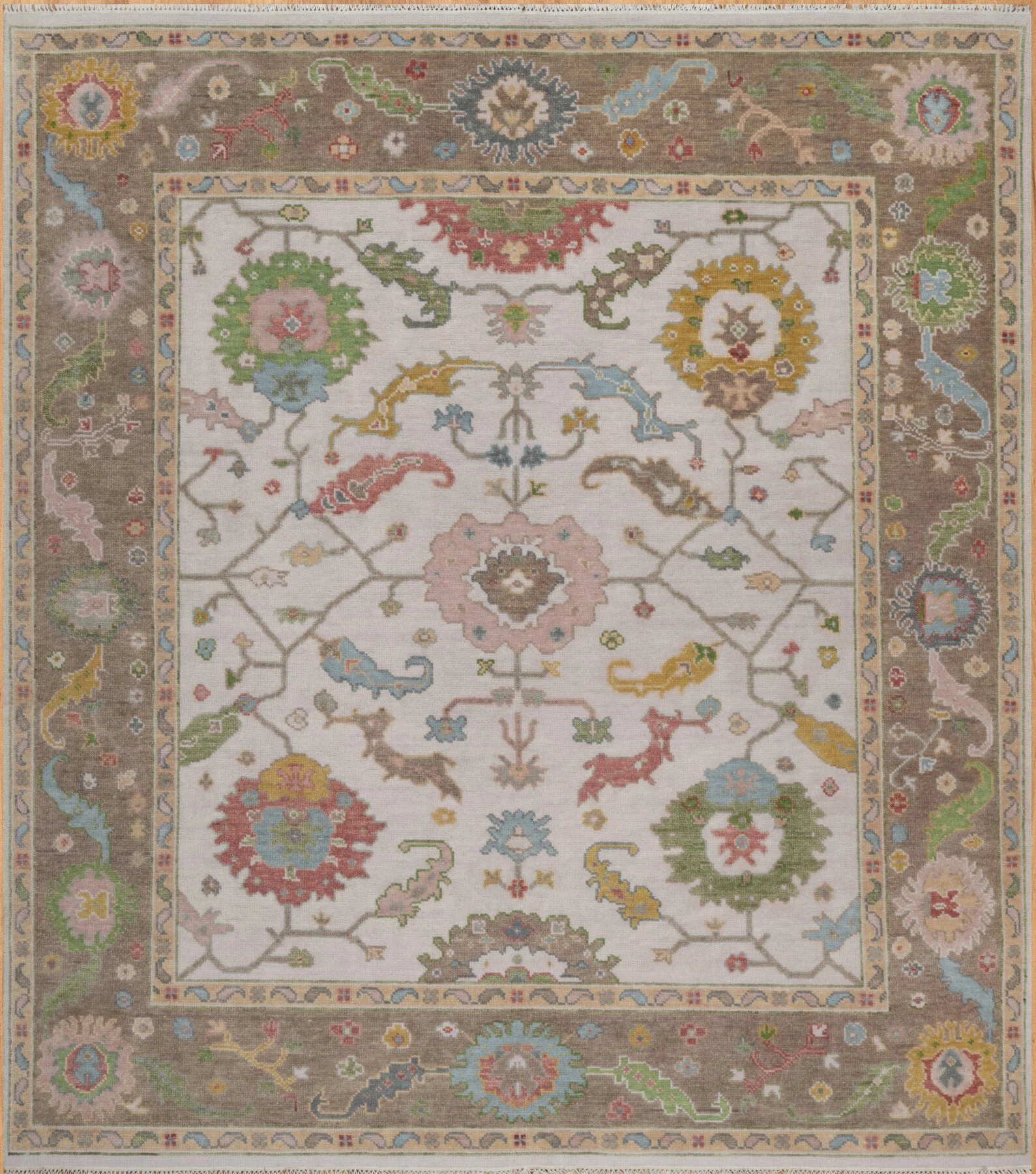 Ivory & Olive Hand-Knotted Oushak Rug – Palmette & Rosette (3151)