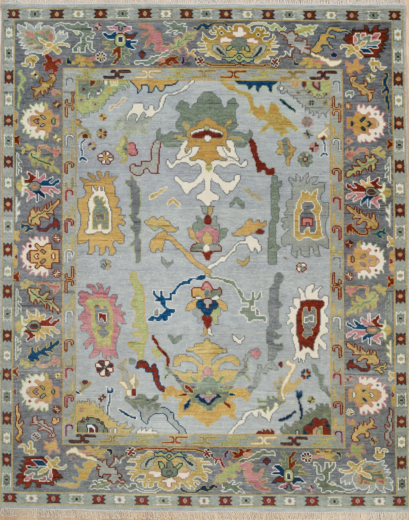 Silver Hand-Knotted Oushak Rug – Palmette & Rosette