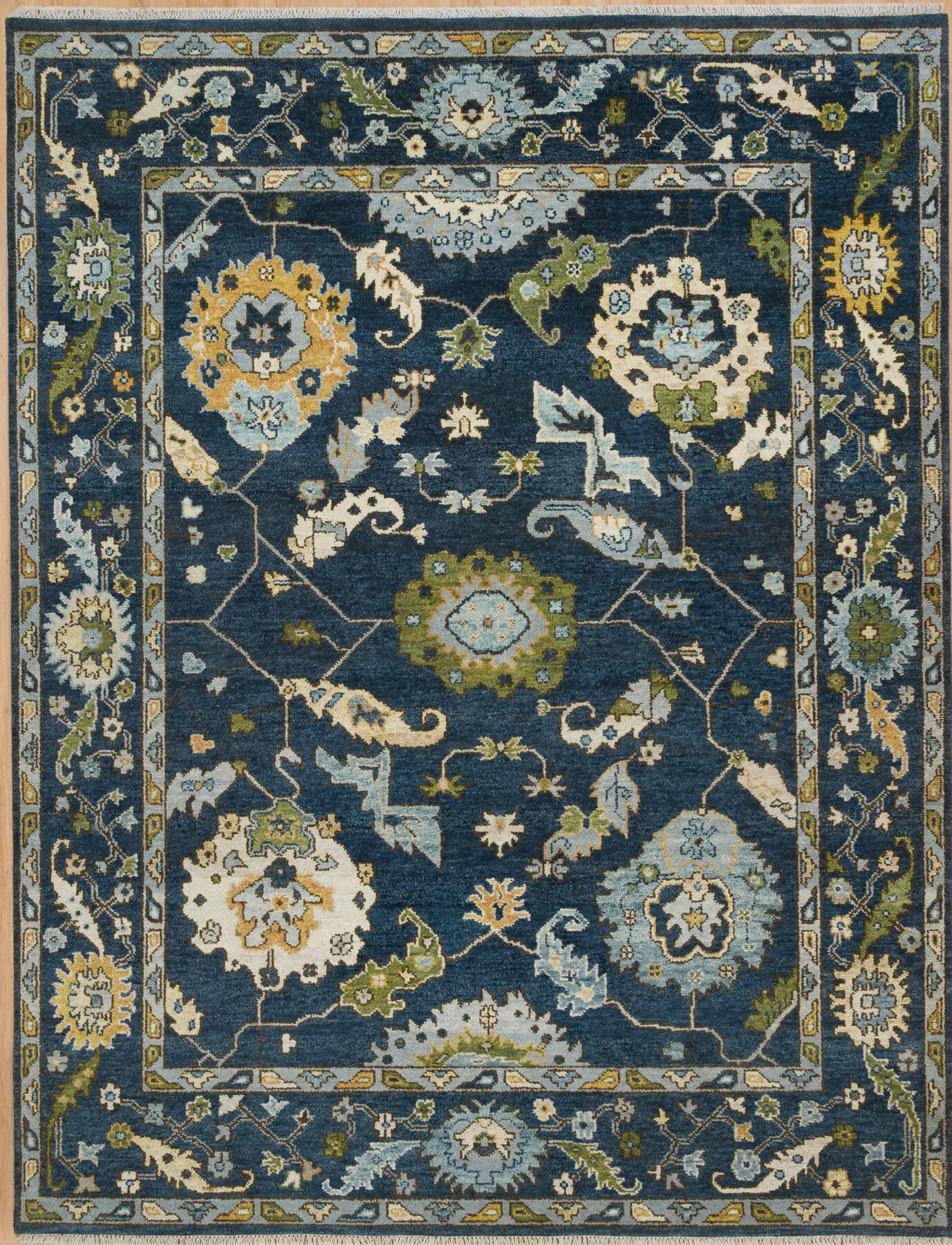 Navy & Olive Hand-Knotted Oushak Rug – Palmette & Rosette