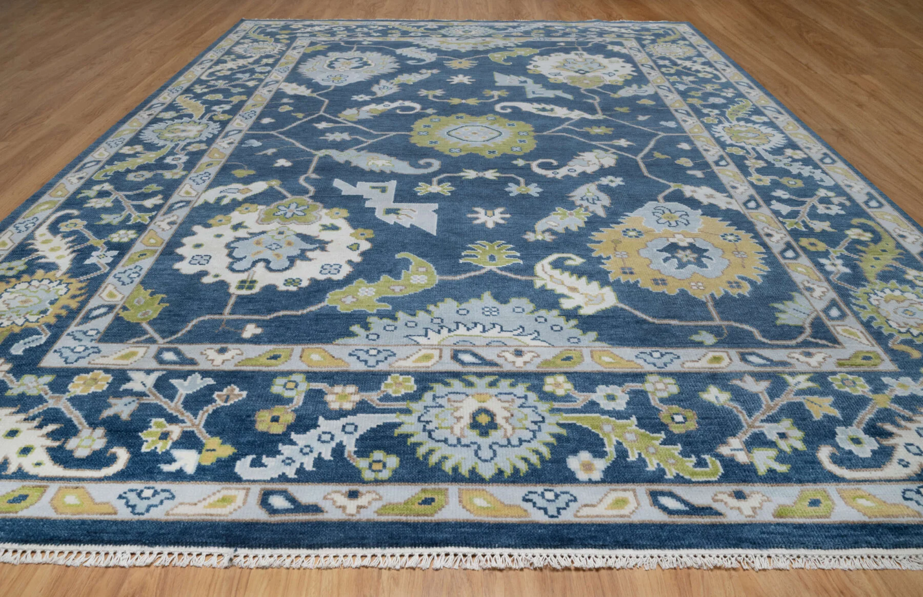 Navy & Olive Hand-Knotted Oushak Rug – Palmette & Rosette