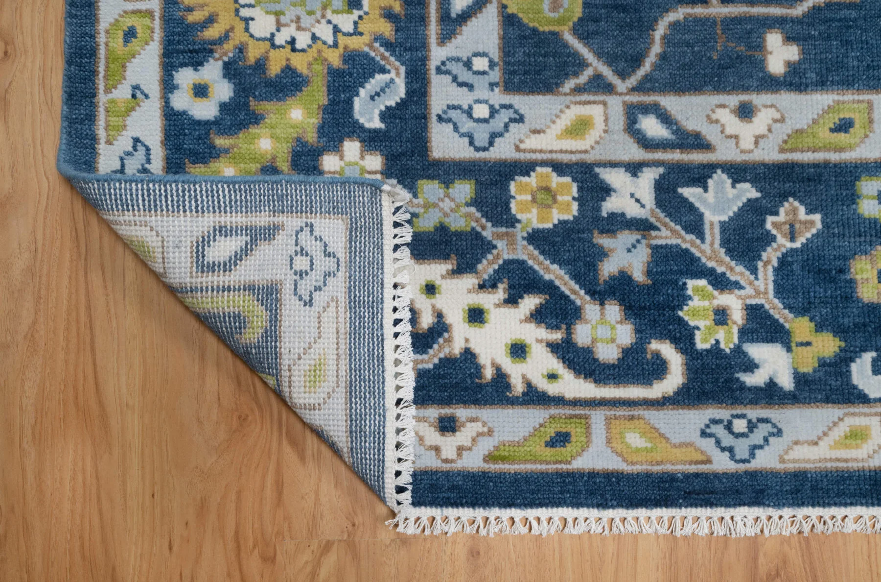 Navy & Olive Hand-Knotted Oushak Rug – Palmette & Rosette