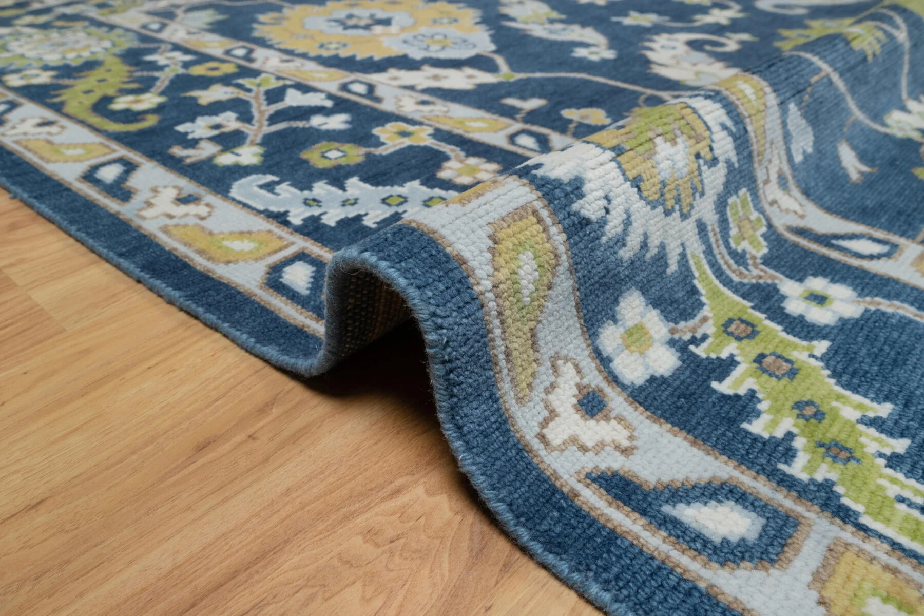 Navy & Olive Hand-Knotted Oushak Rug – Palmette & Rosette