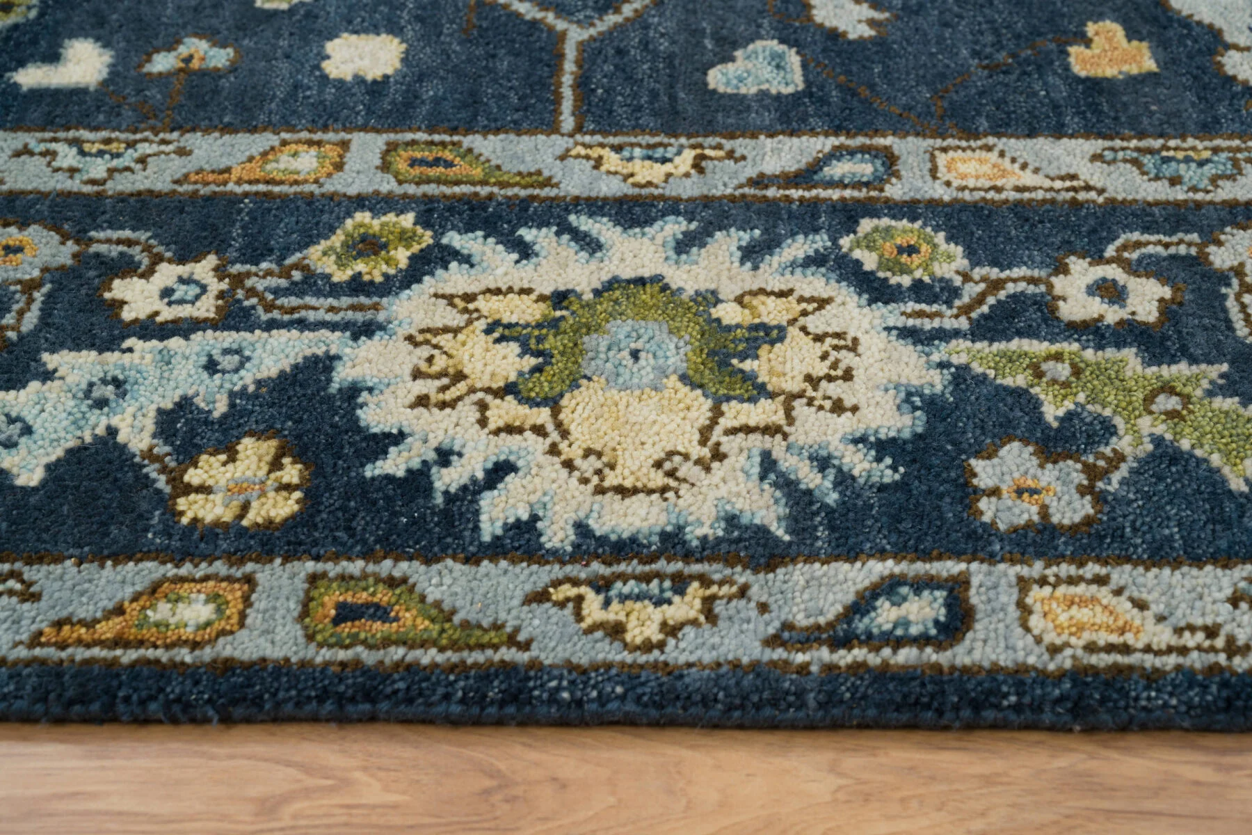 Navy & Olive Hand-Knotted Oushak Rug – Palmette & Rosette