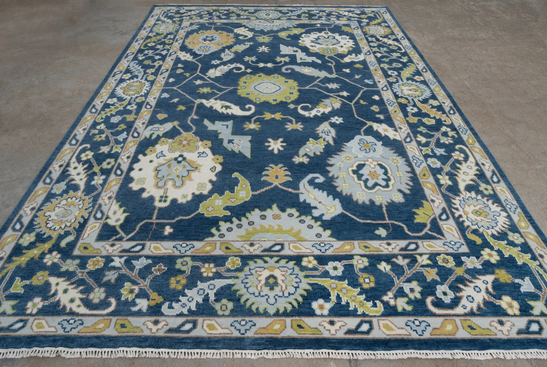 Navy & Olive Hand-Knotted Oushak Rug – Palmette & Rosette