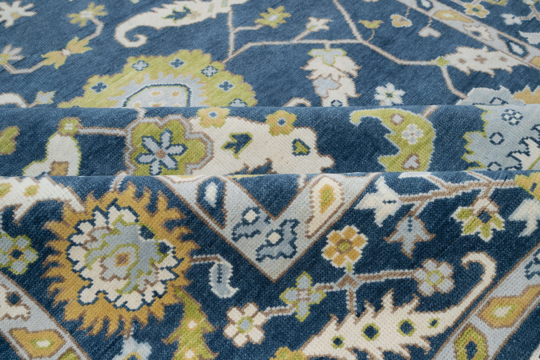 Navy & Olive Hand-Knotted Oushak Rug – Palmette & Rosette