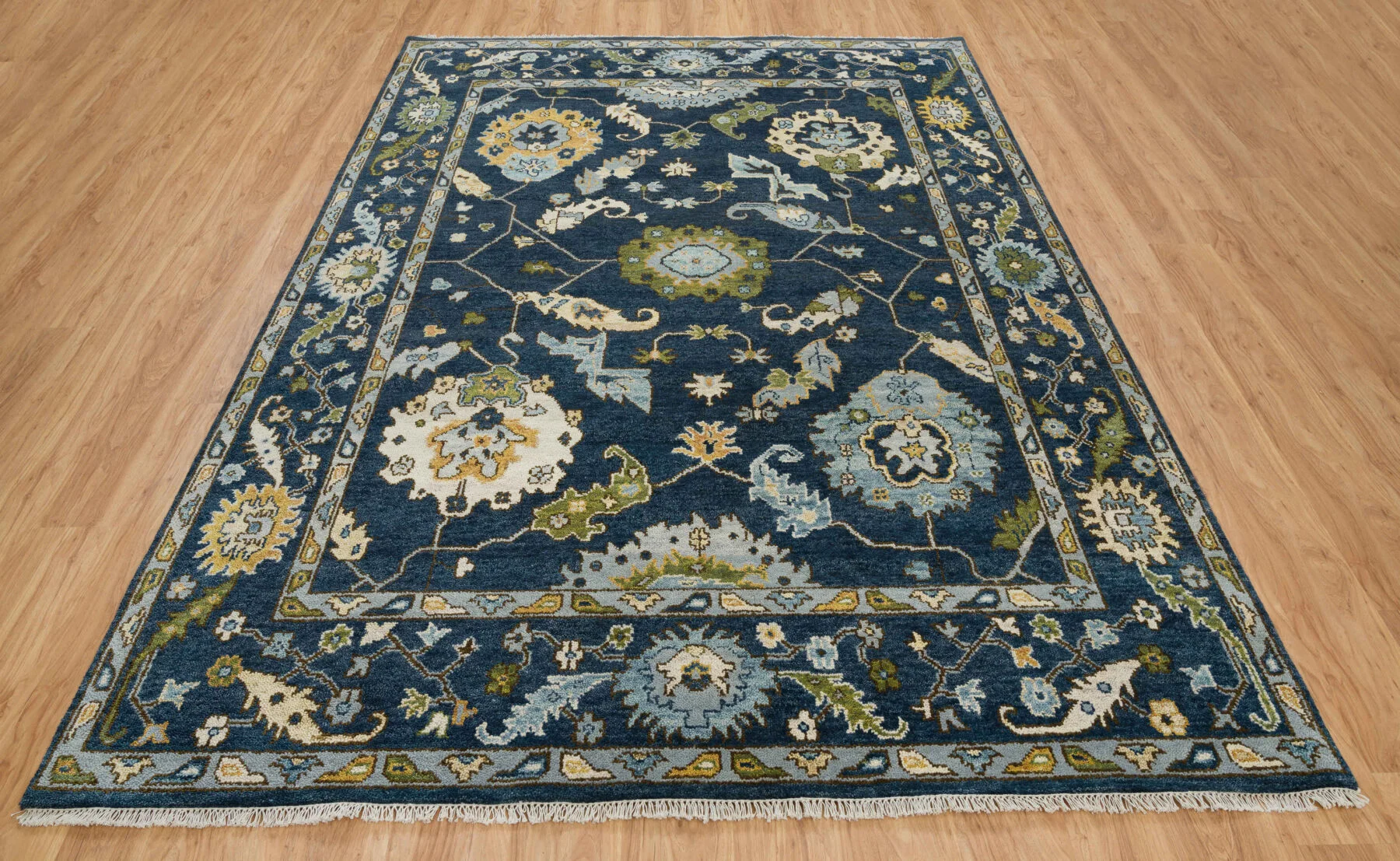 Navy & Olive Hand-Knotted Oushak Rug – Palmette & Rosette