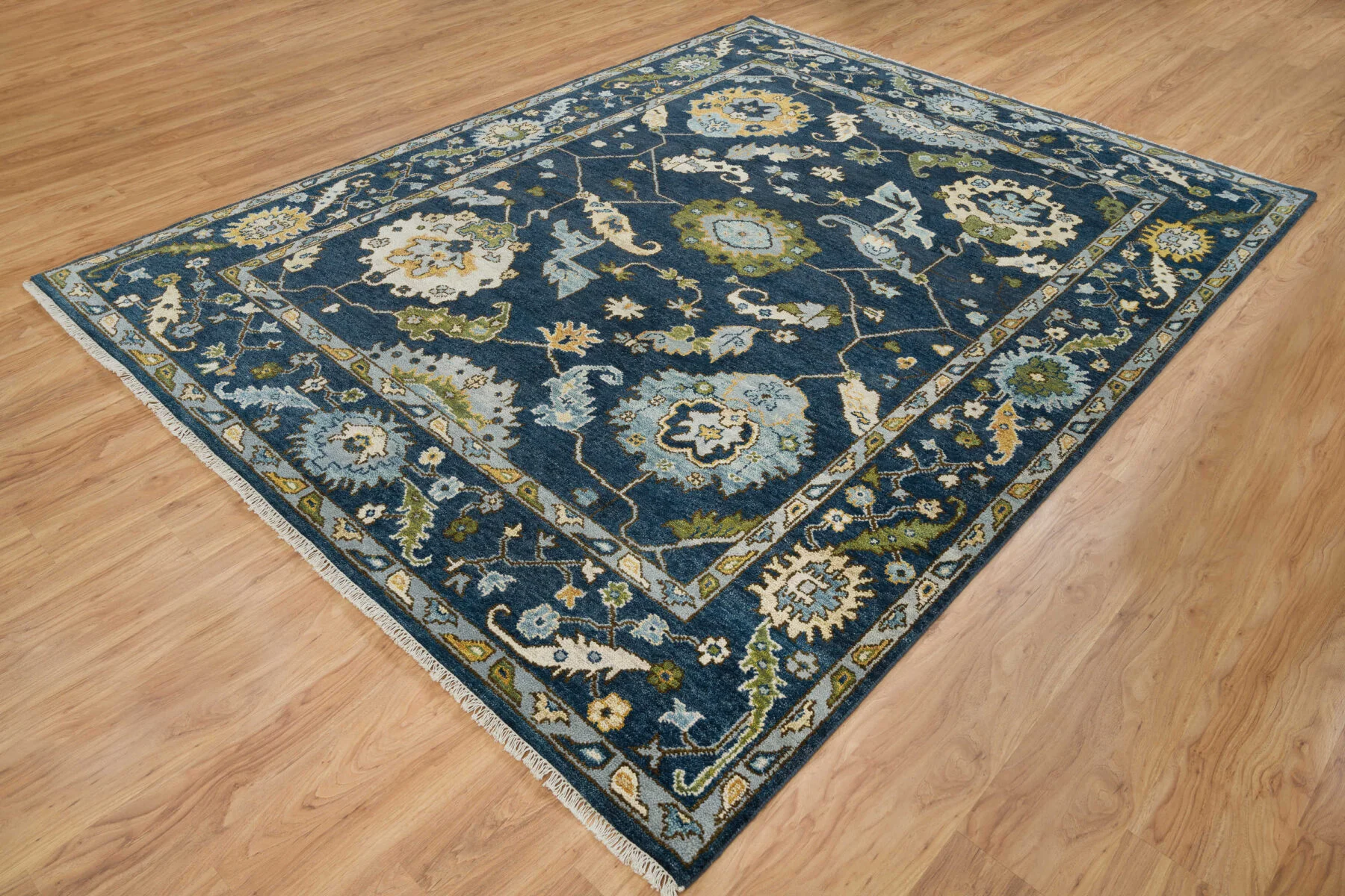 Navy & Olive Hand-Knotted Oushak Rug – Palmette & Rosette
