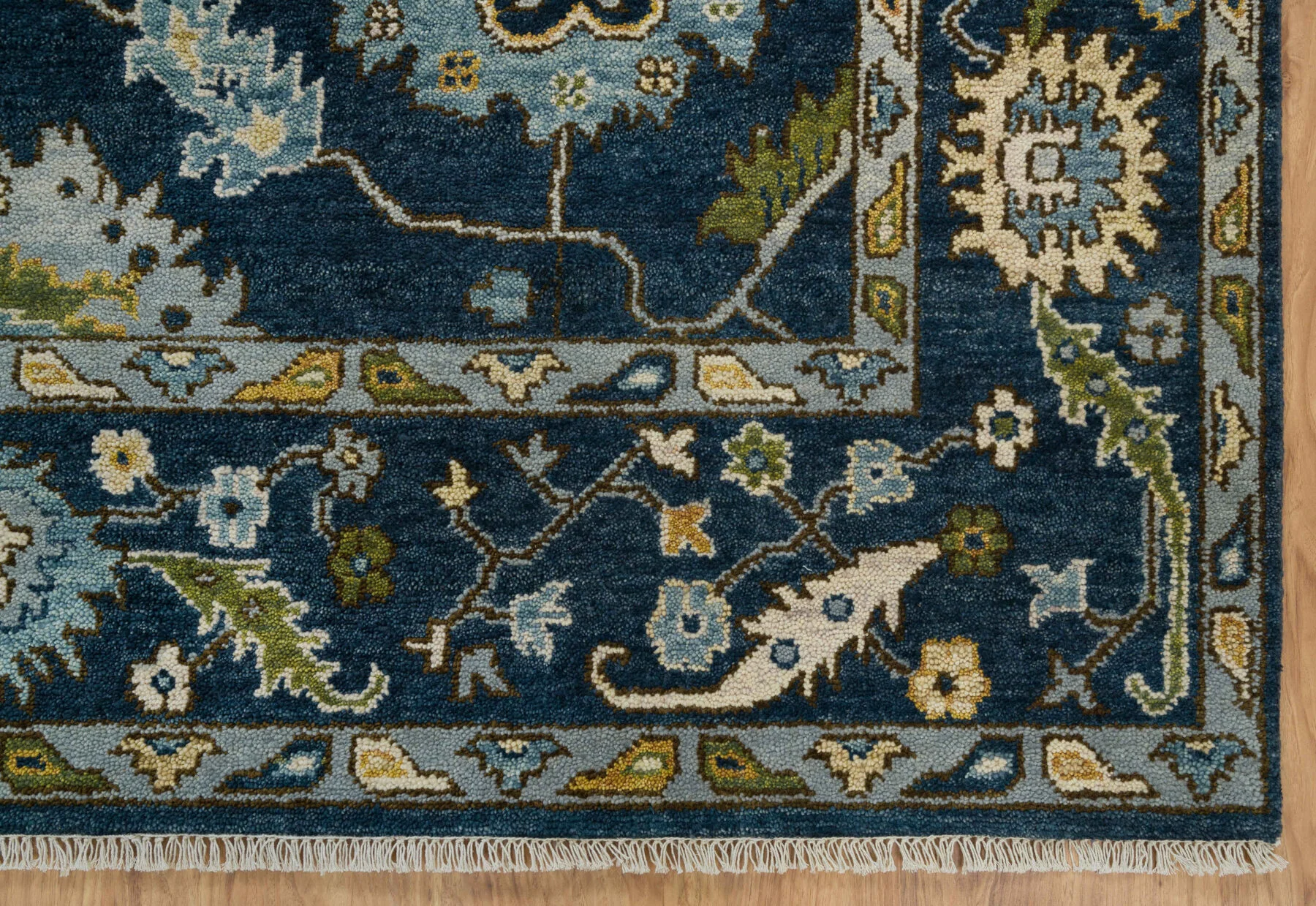 Navy & Olive Hand-Knotted Oushak Rug – Palmette & Rosette