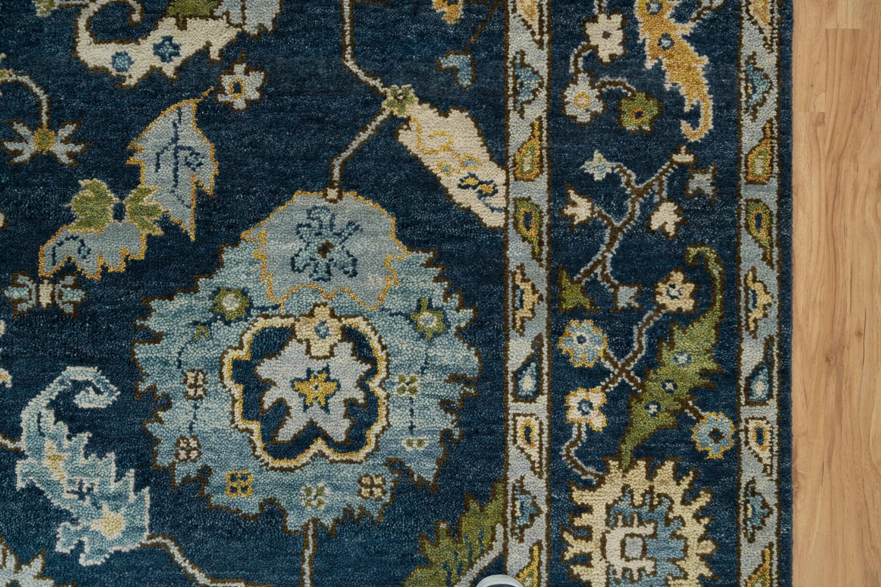 Navy & Olive Hand-Knotted Oushak Rug – Palmette & Rosette