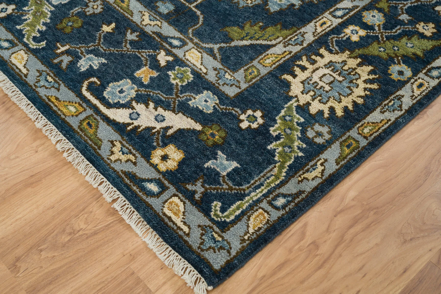 Navy & Olive Hand-Knotted Oushak Rug – Palmette & Rosette