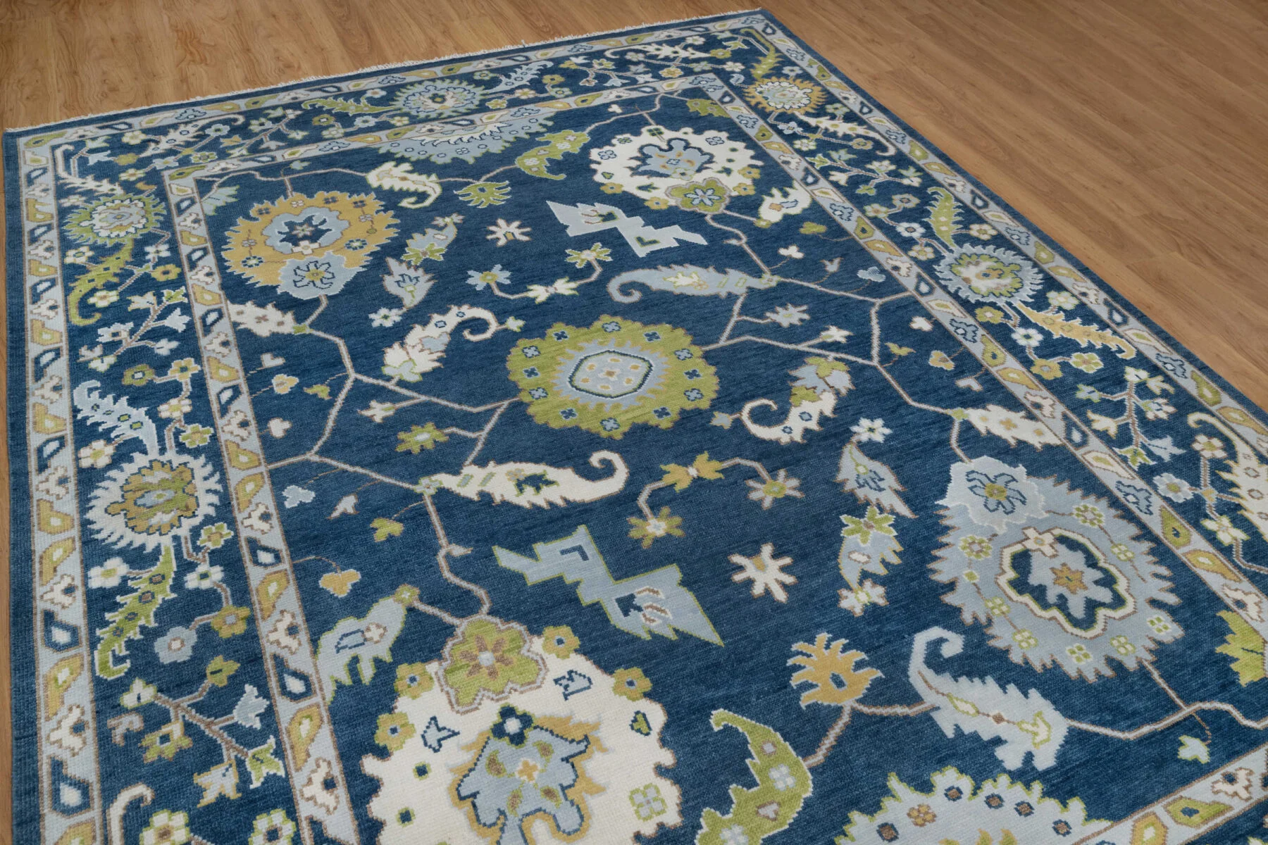 Navy & Olive Hand-Knotted Oushak Rug – Palmette & Rosette