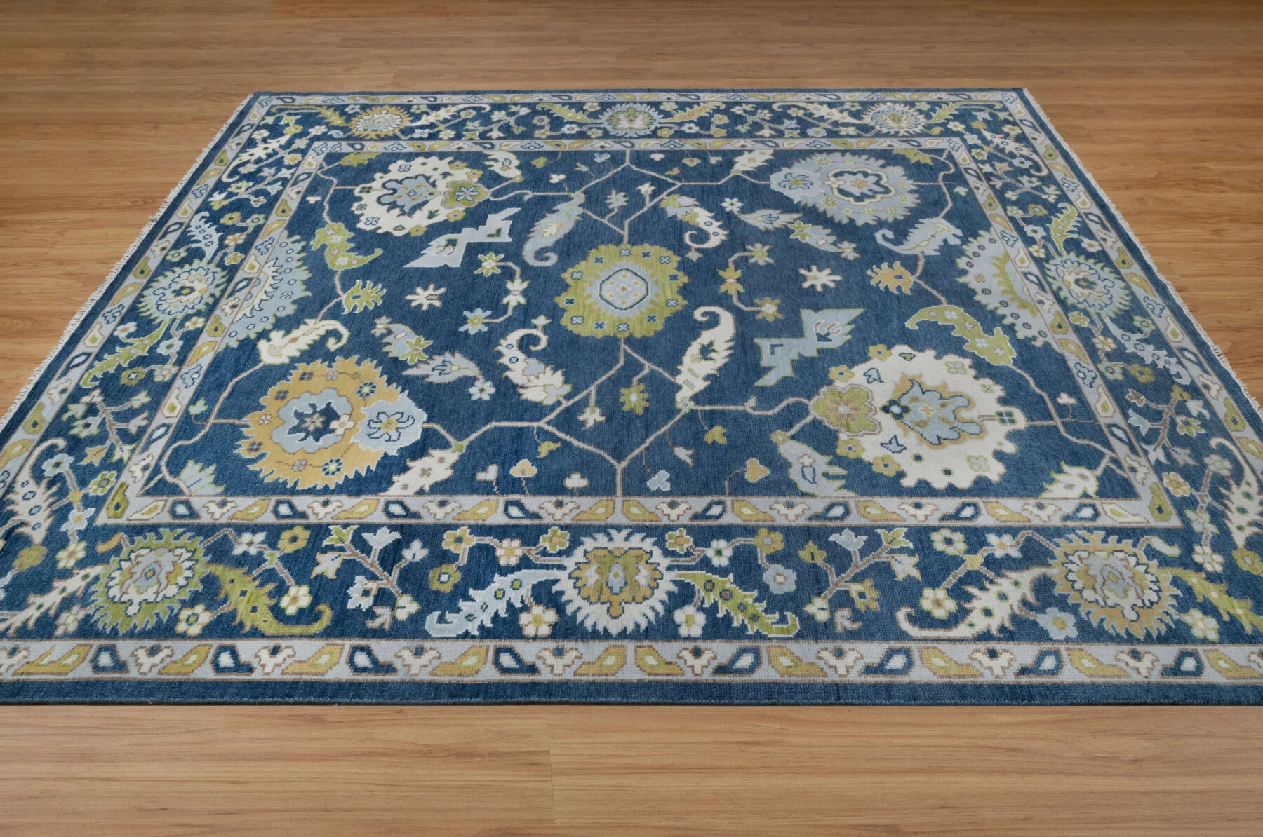 Navy & Olive Hand-Knotted Oushak Rug – Palmette & Rosette