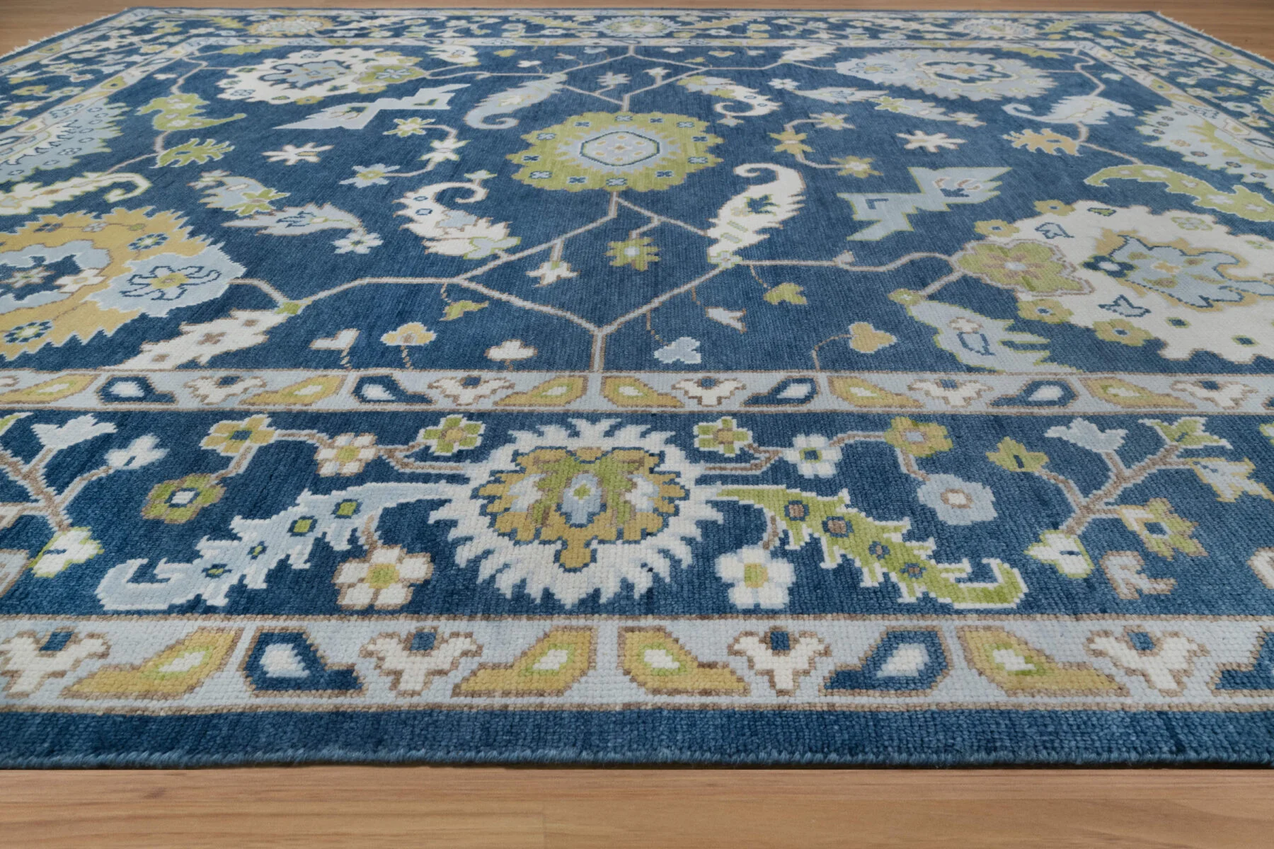 Navy & Olive Hand-Knotted Oushak Rug – Palmette & Rosette