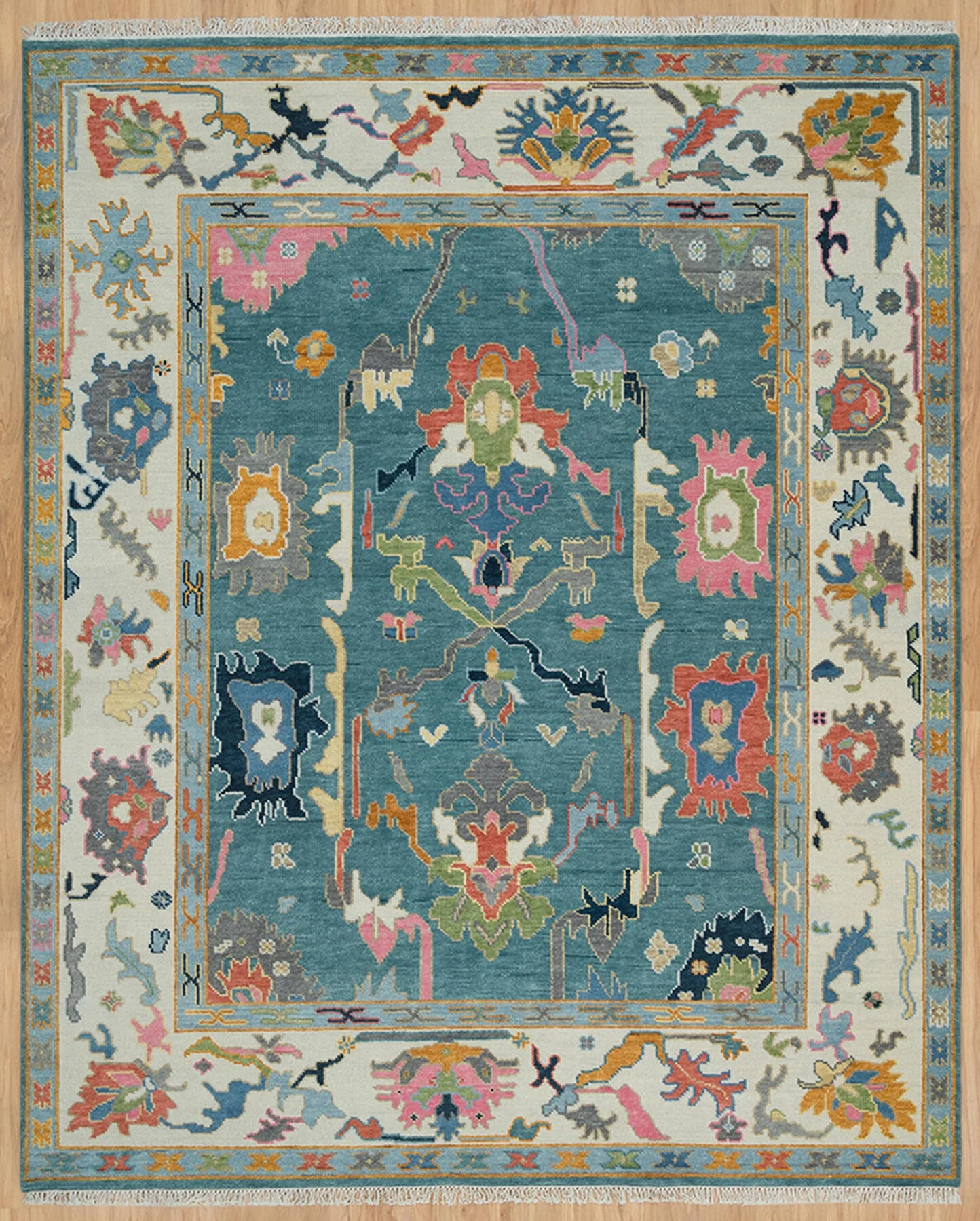 Teal & Blush Hand-Knotted Oushak Rug – Palmette & Rosette (3321)