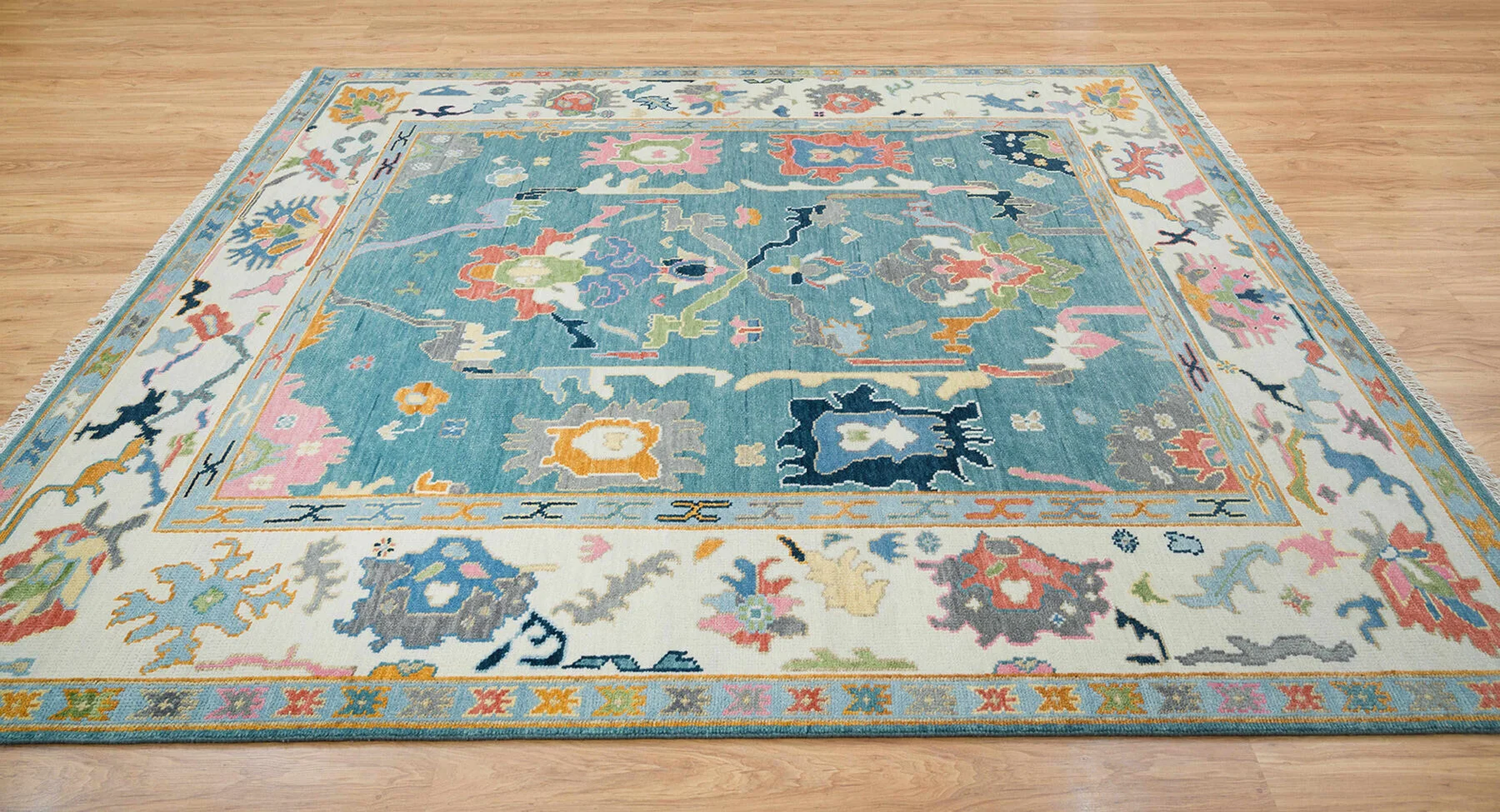 Teal & Blush Hand-Knotted Oushak Rug – Palmette & Rosette (3321)