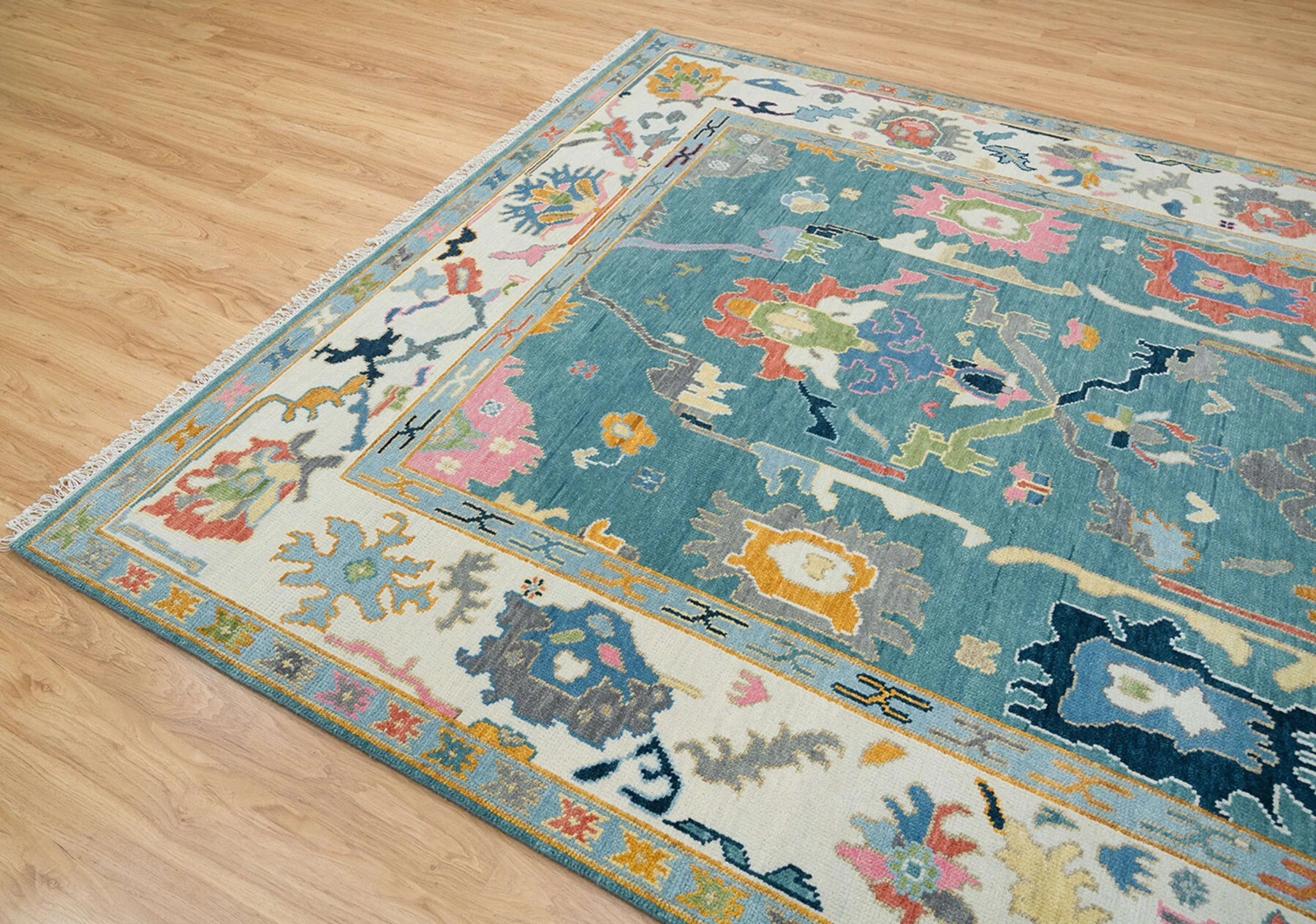 Teal & Blush Hand-Knotted Oushak Rug – Palmette & Rosette (3321)