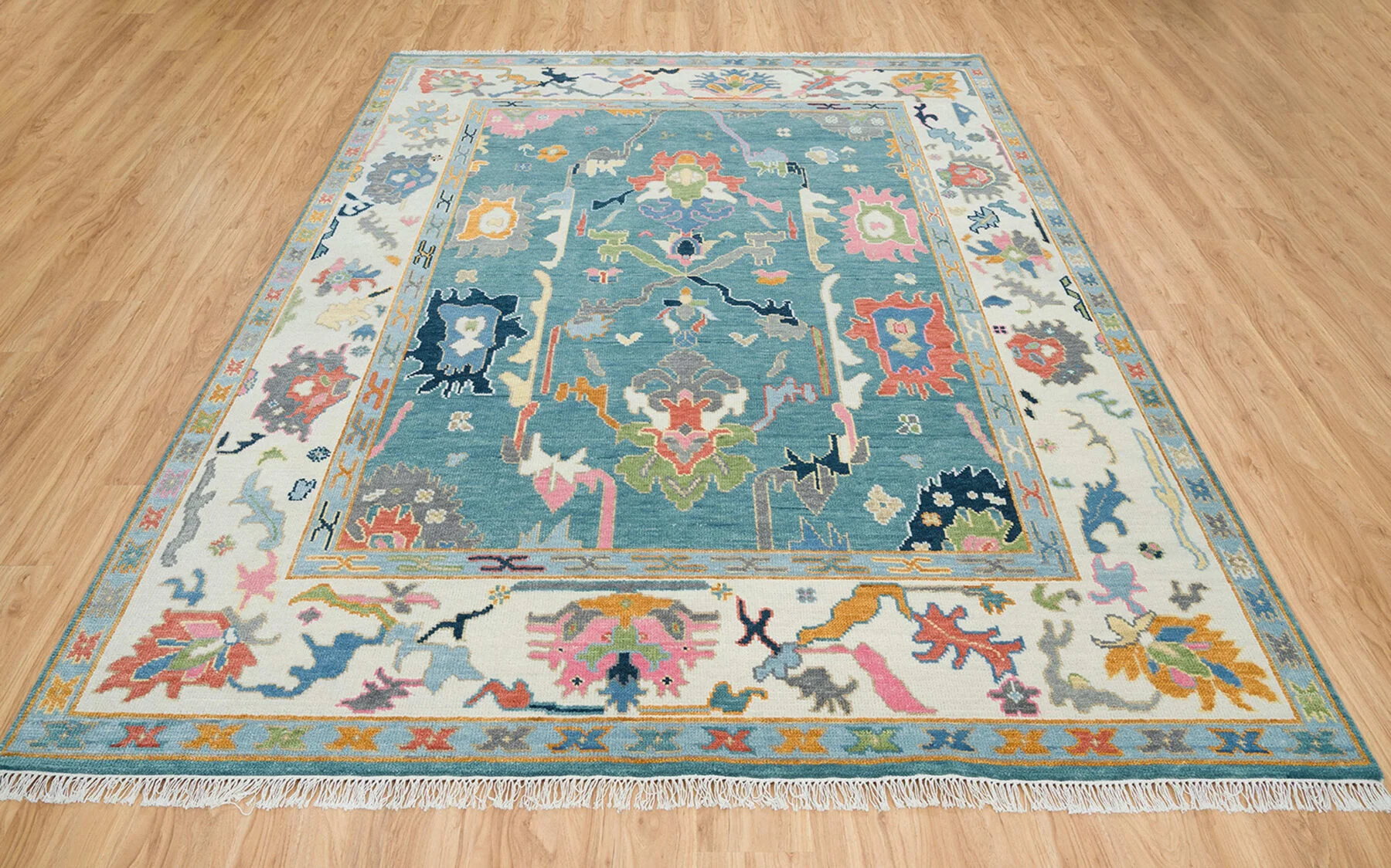 Teal & Blush Hand-Knotted Oushak Rug – Palmette & Rosette (3321)