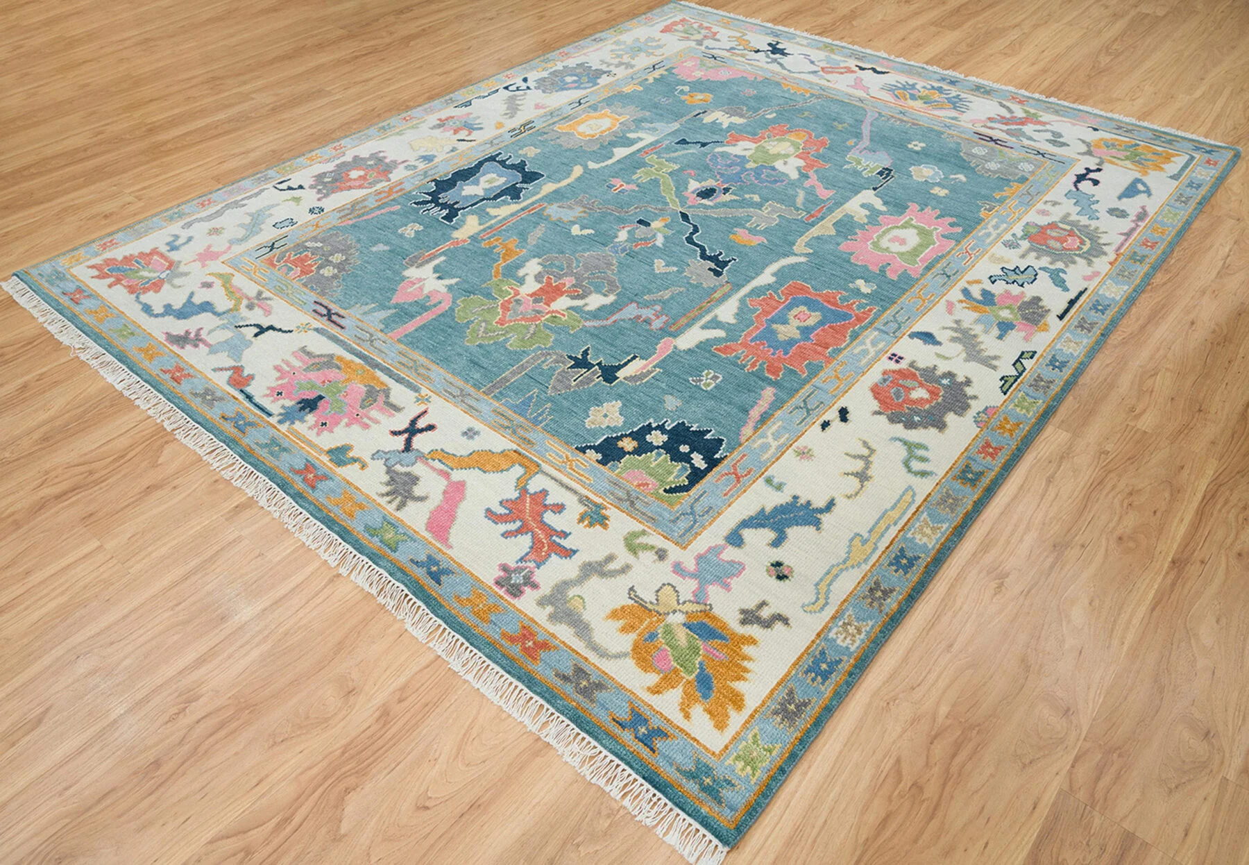 Teal & Blush Hand-Knotted Oushak Rug – Palmette & Rosette (3321)