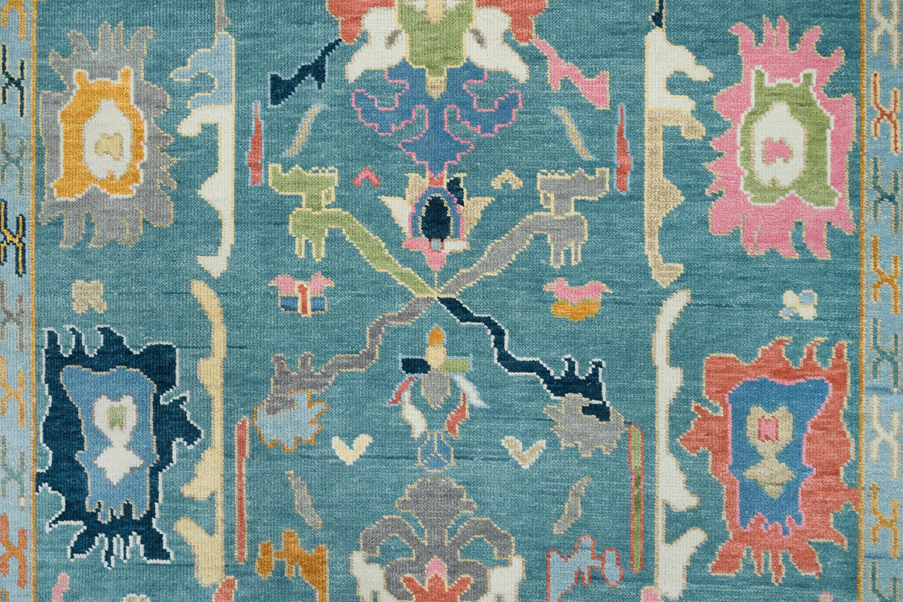 Teal & Blush Hand-Knotted Oushak Rug – Palmette & Rosette (3321)