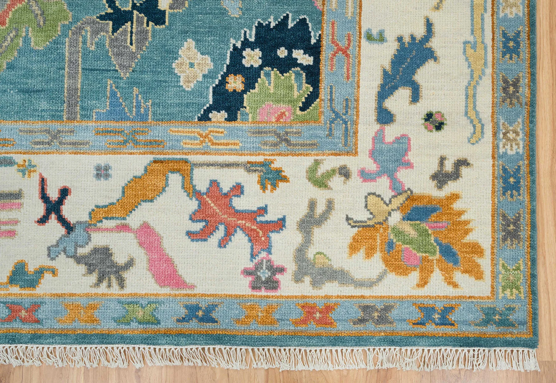 Teal & Blush Hand-Knotted Oushak Rug – Palmette & Rosette (3321)
