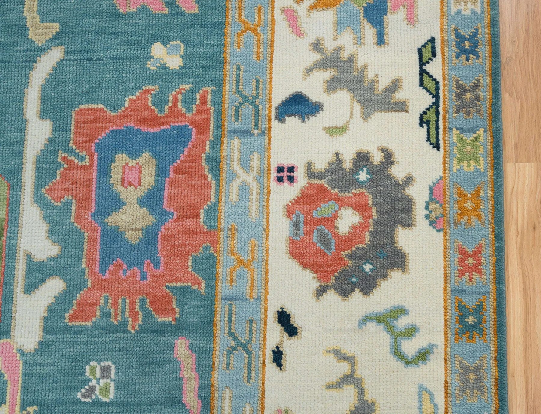 Teal & Blush Hand-Knotted Oushak Rug – Palmette & Rosette (3321)