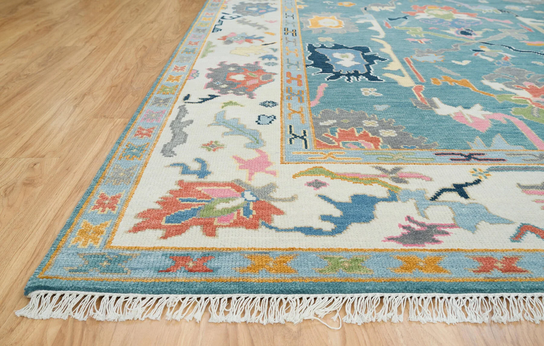 Teal & Blush Hand-Knotted Oushak Rug – Palmette & Rosette (3321)