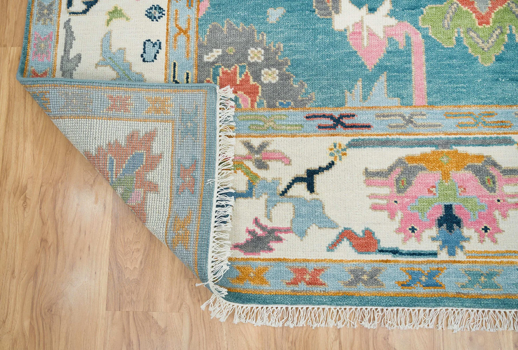 Teal & Blush Hand-Knotted Oushak Rug – Palmette & Rosette (3321)
