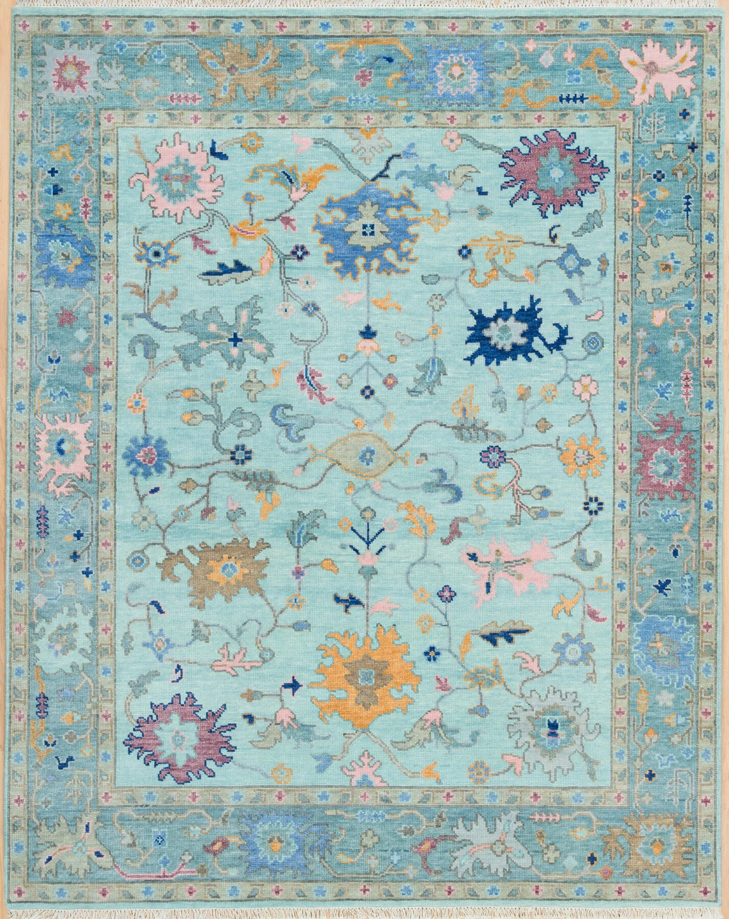 Aqua & Gold Hand-Knotted Oushak Rug – Palmette & Rosette