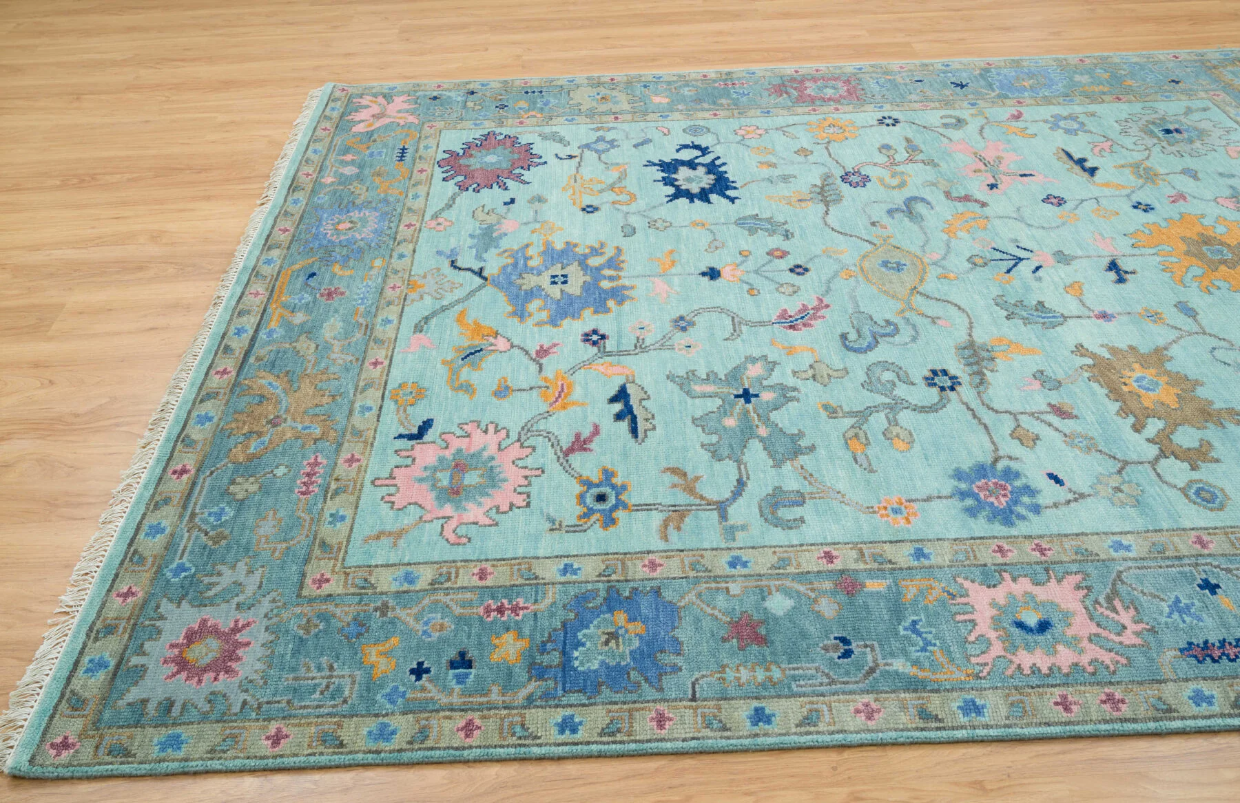 Aqua & Gold Hand-Knotted Oushak Rug – Palmette & Rosette
