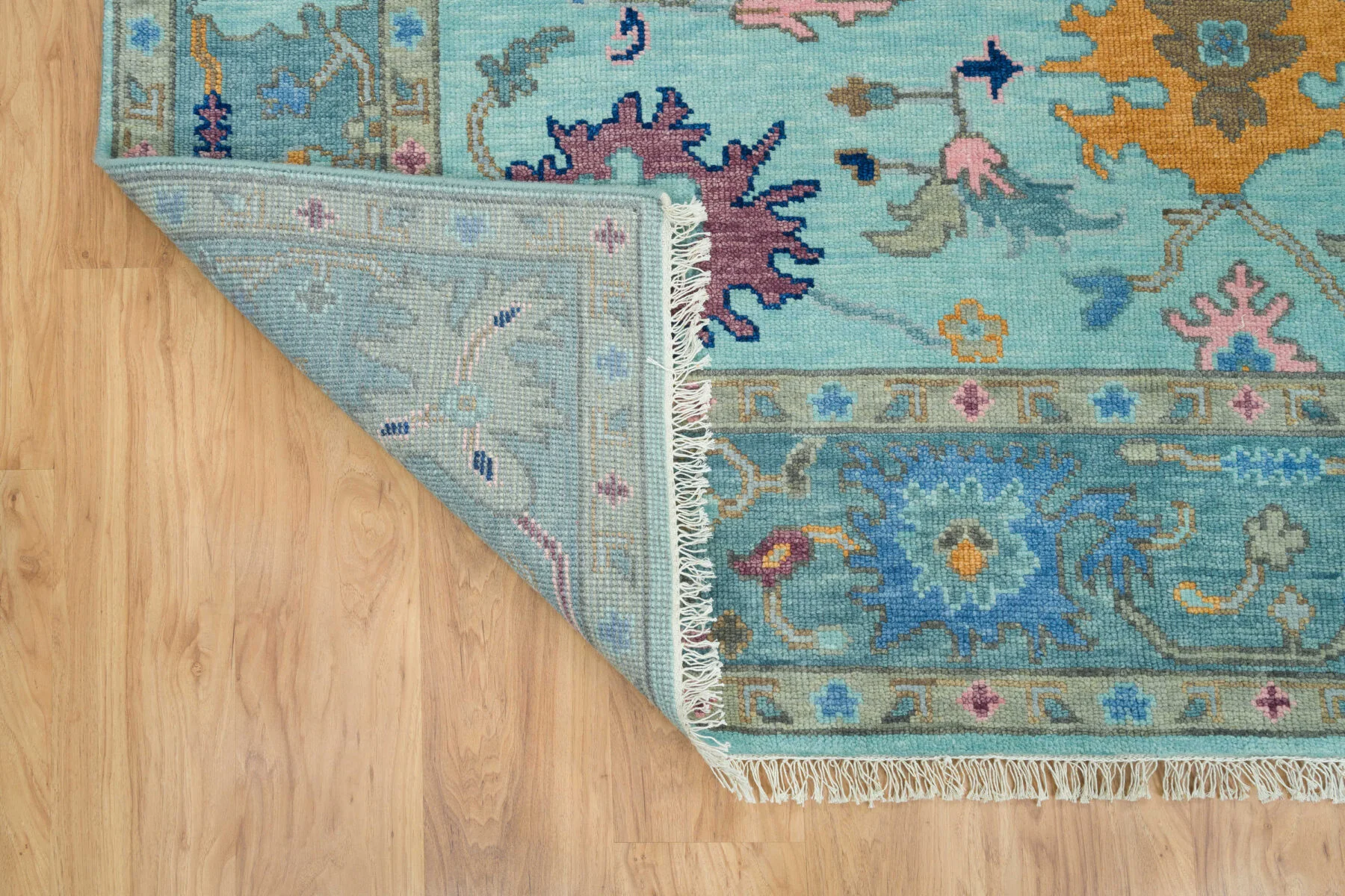 Aqua & Gold Hand-Knotted Oushak Rug – Palmette & Rosette