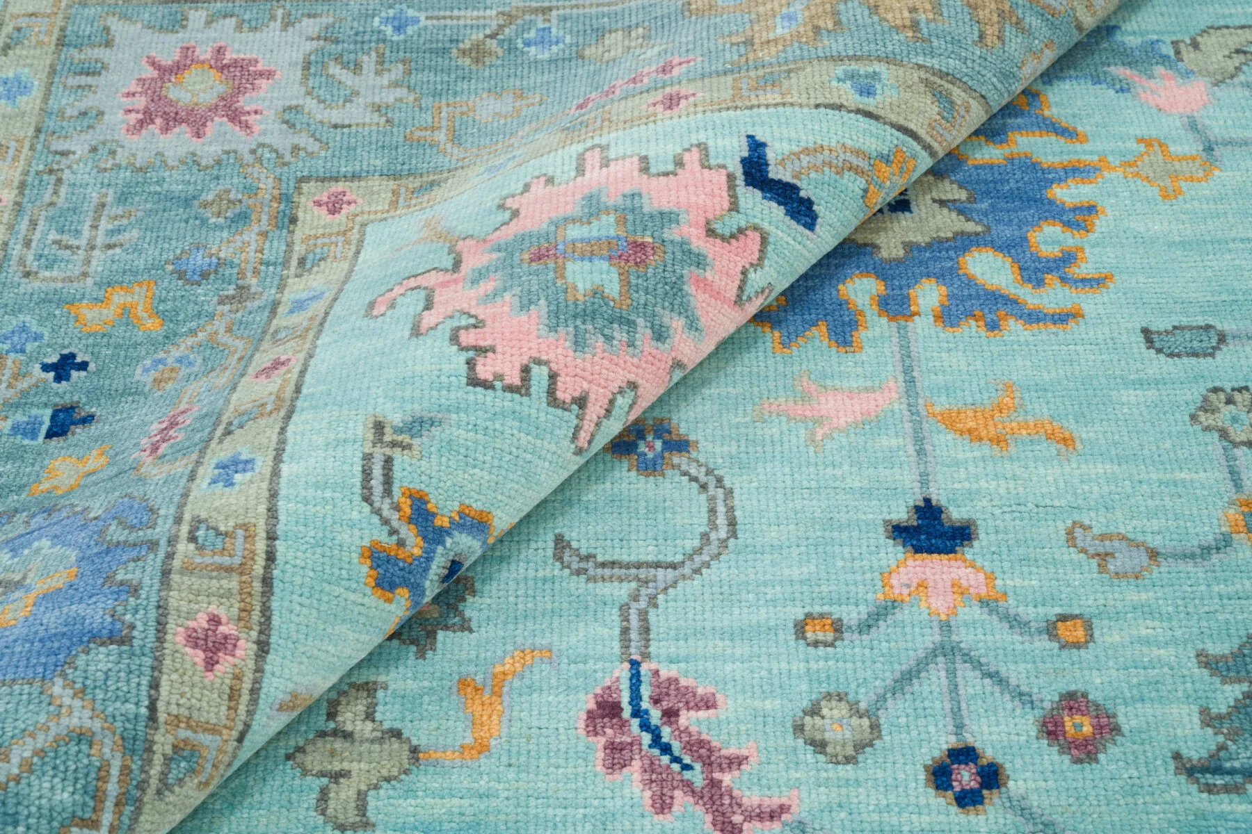 Aqua & Gold Hand-Knotted Oushak Rug – Palmette & Rosette