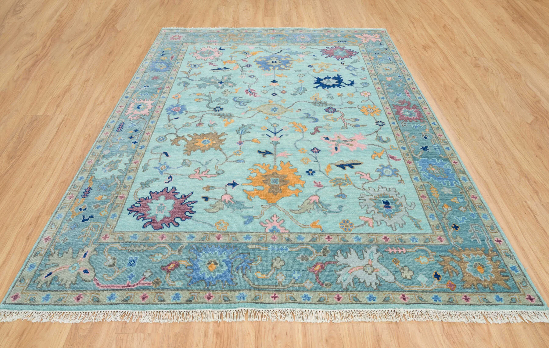 Aqua & Gold Hand-Knotted Oushak Rug – Palmette & Rosette