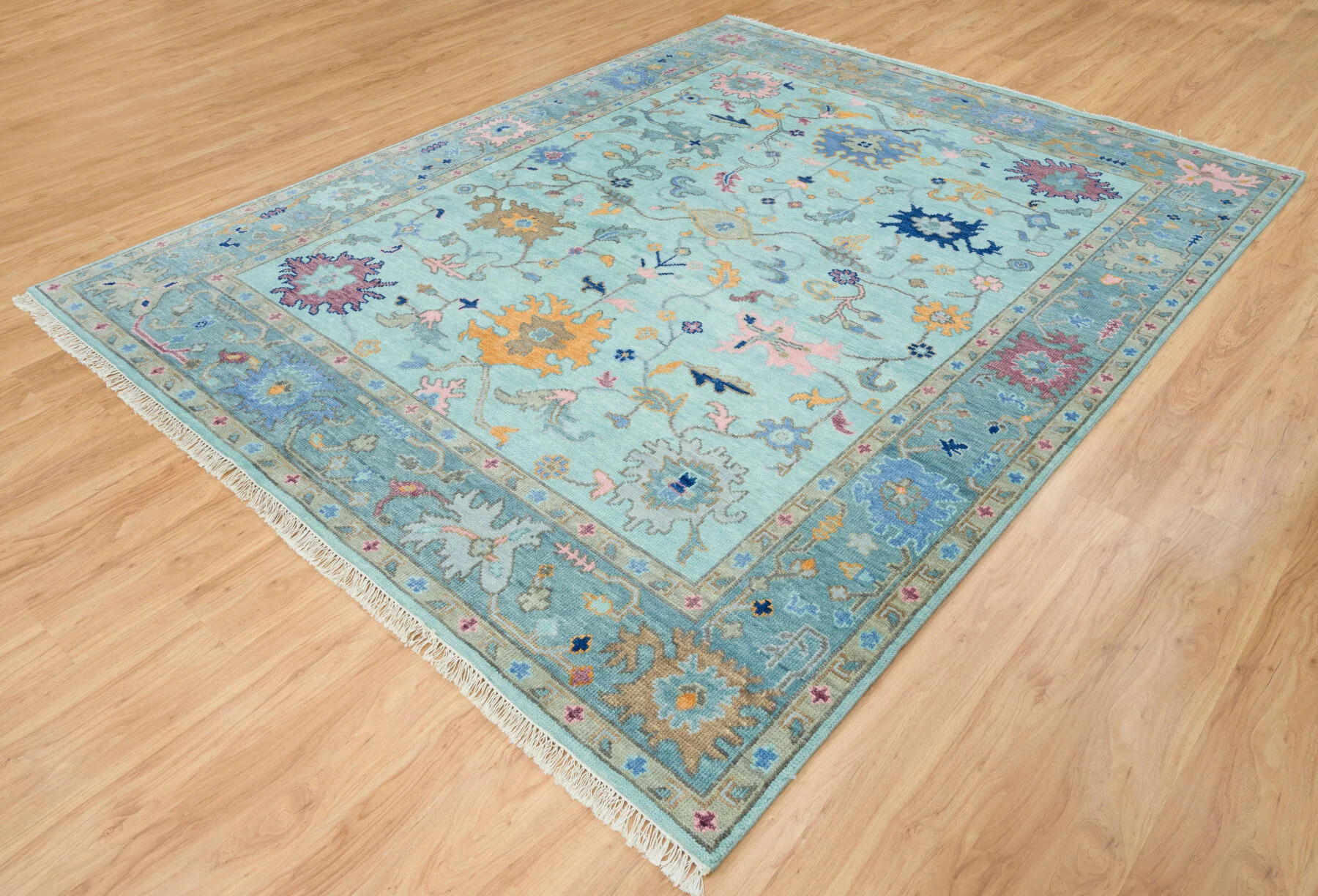 Aqua & Gold Hand-Knotted Oushak Rug – Palmette & Rosette