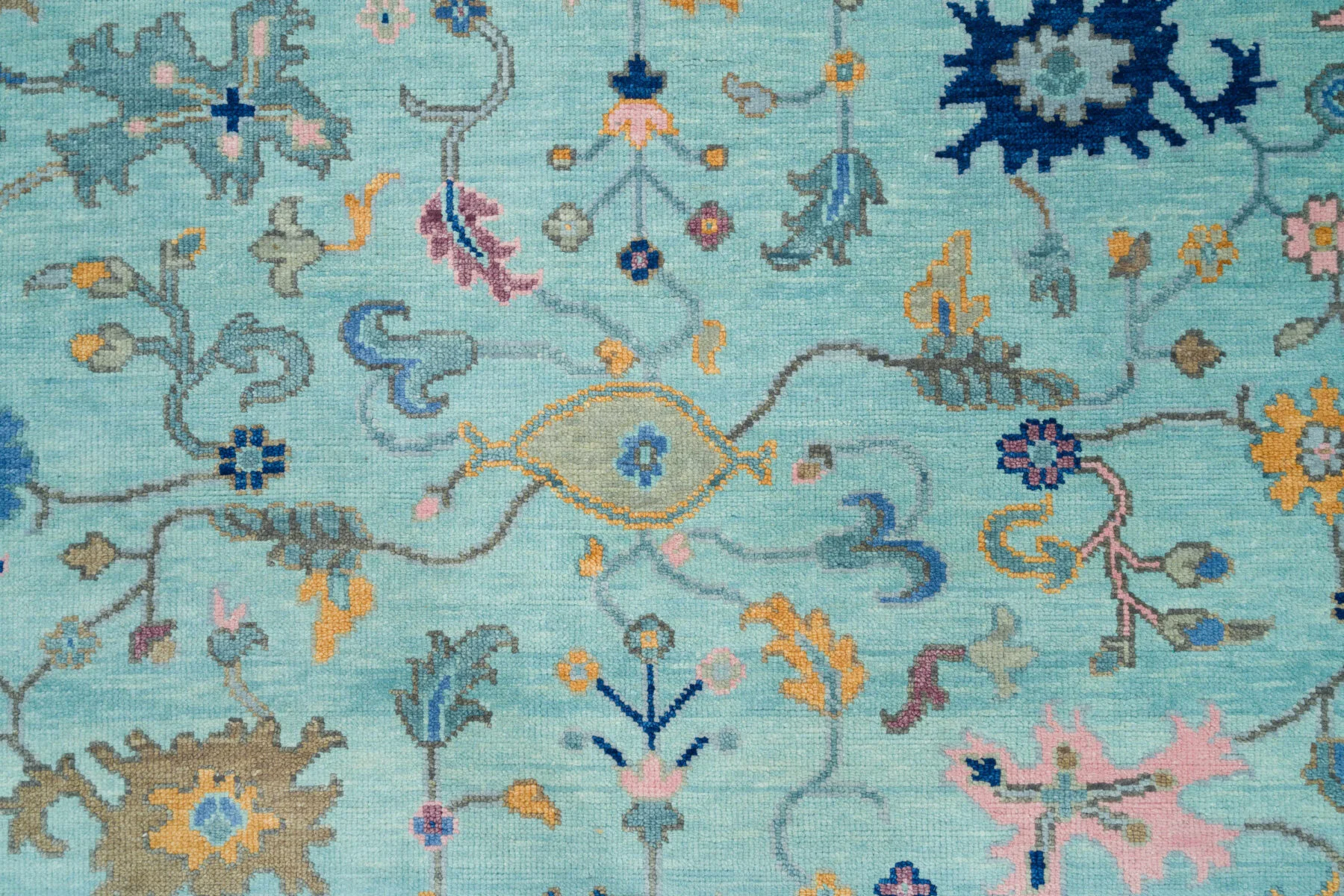 Aqua & Gold Hand-Knotted Oushak Rug – Palmette & Rosette