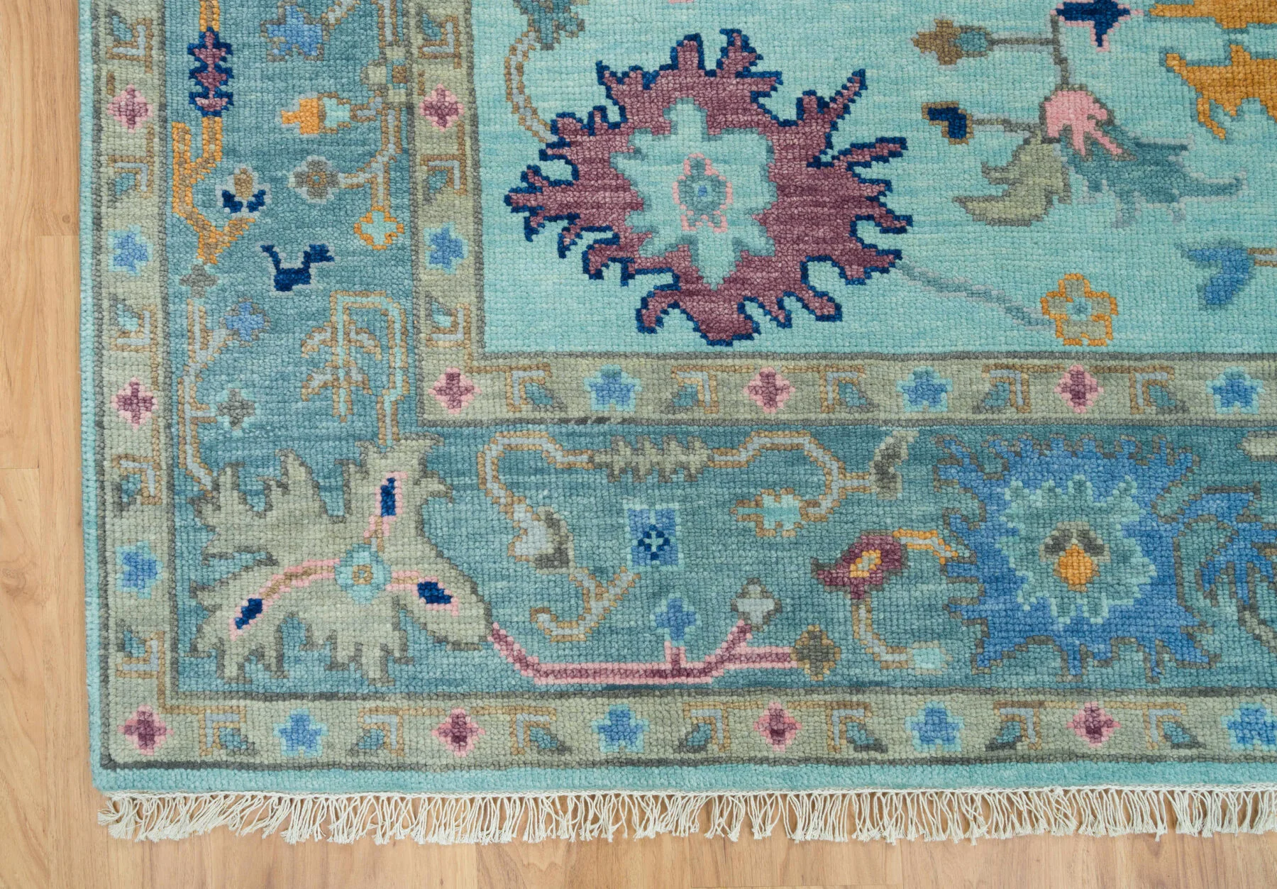 Aqua & Gold Hand-Knotted Oushak Rug – Palmette & Rosette