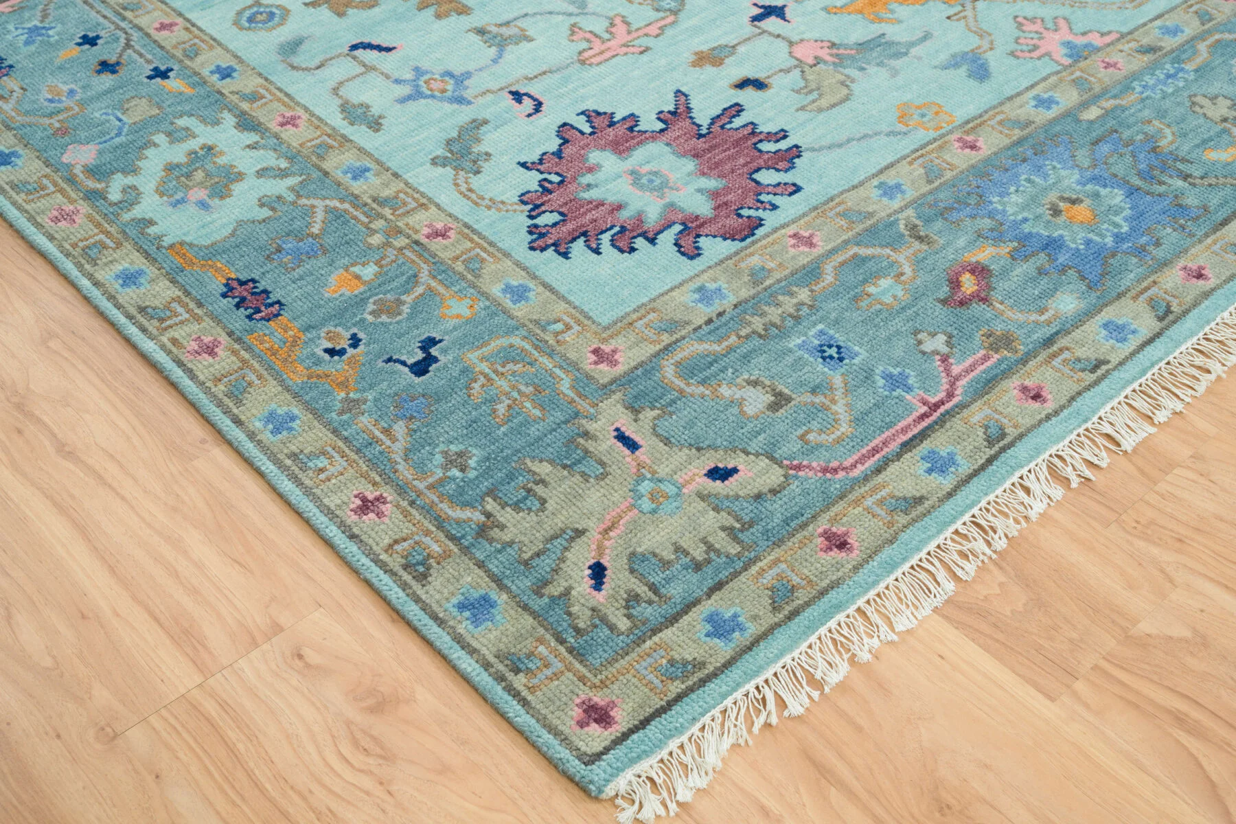 Aqua & Gold Hand-Knotted Oushak Rug – Palmette & Rosette