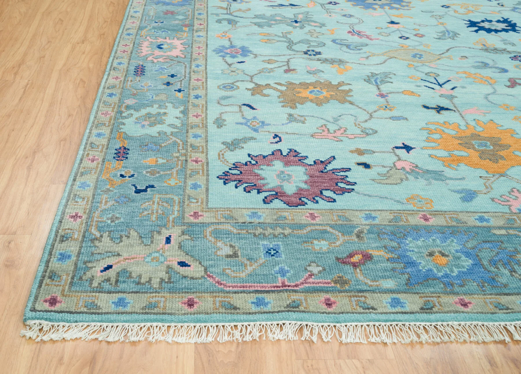 Aqua & Gold Hand-Knotted Oushak Rug – Palmette & Rosette